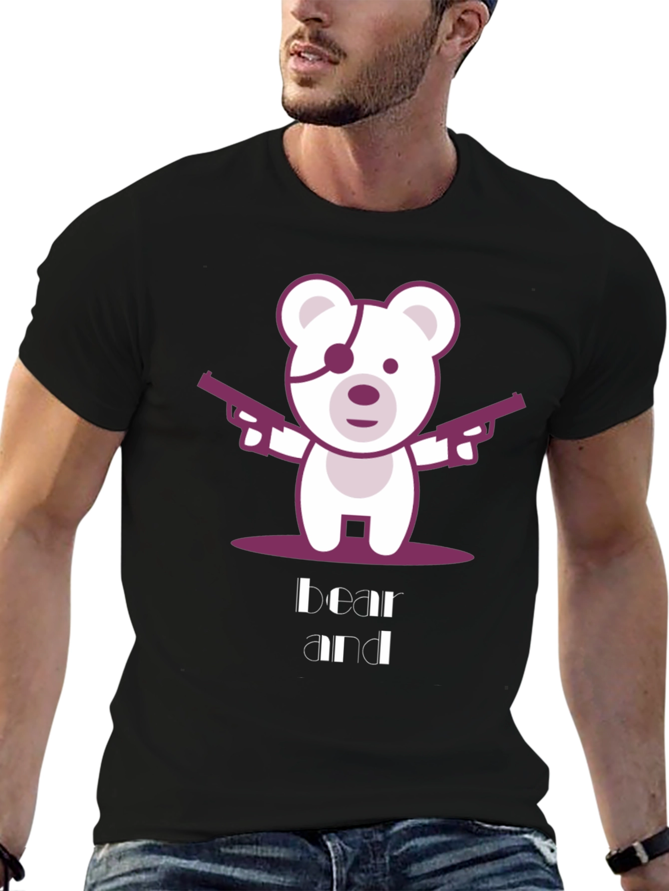 Bear and Guns Graphic Tee - Black Cotton T-Shirt