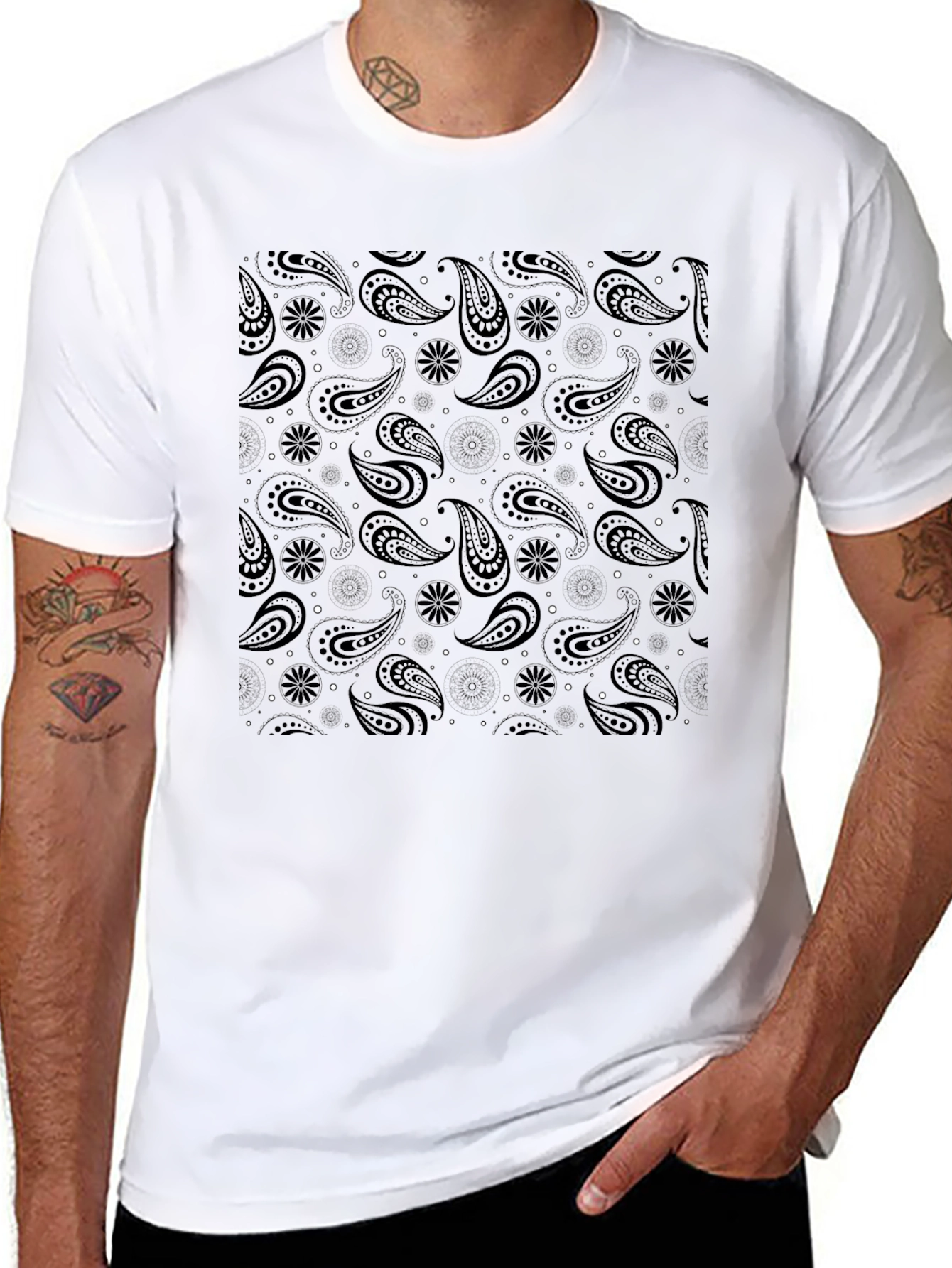 Black Paisley Print Mens T-Shirt