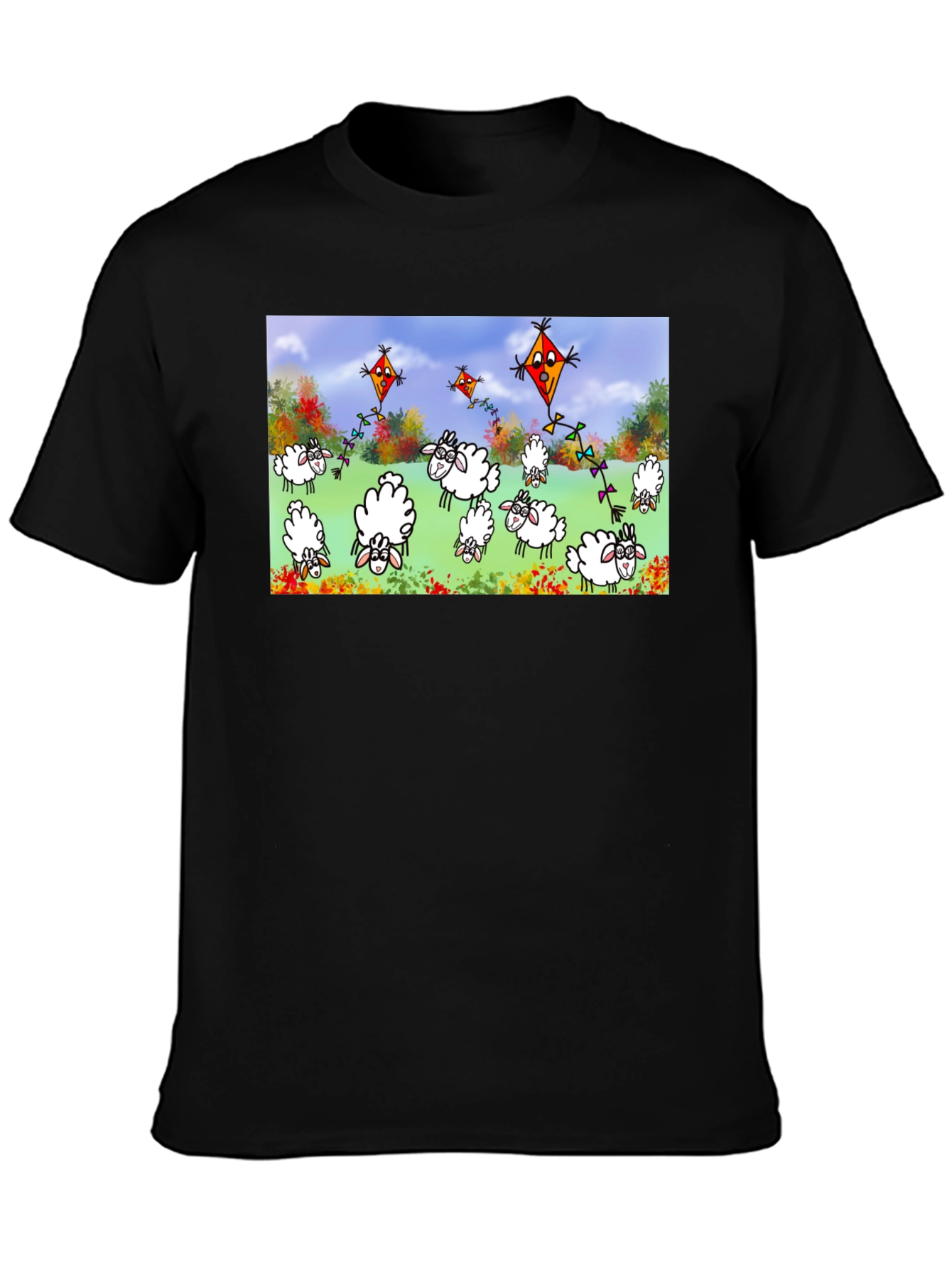 Cartoon Sheep & Kite Print Black Tee