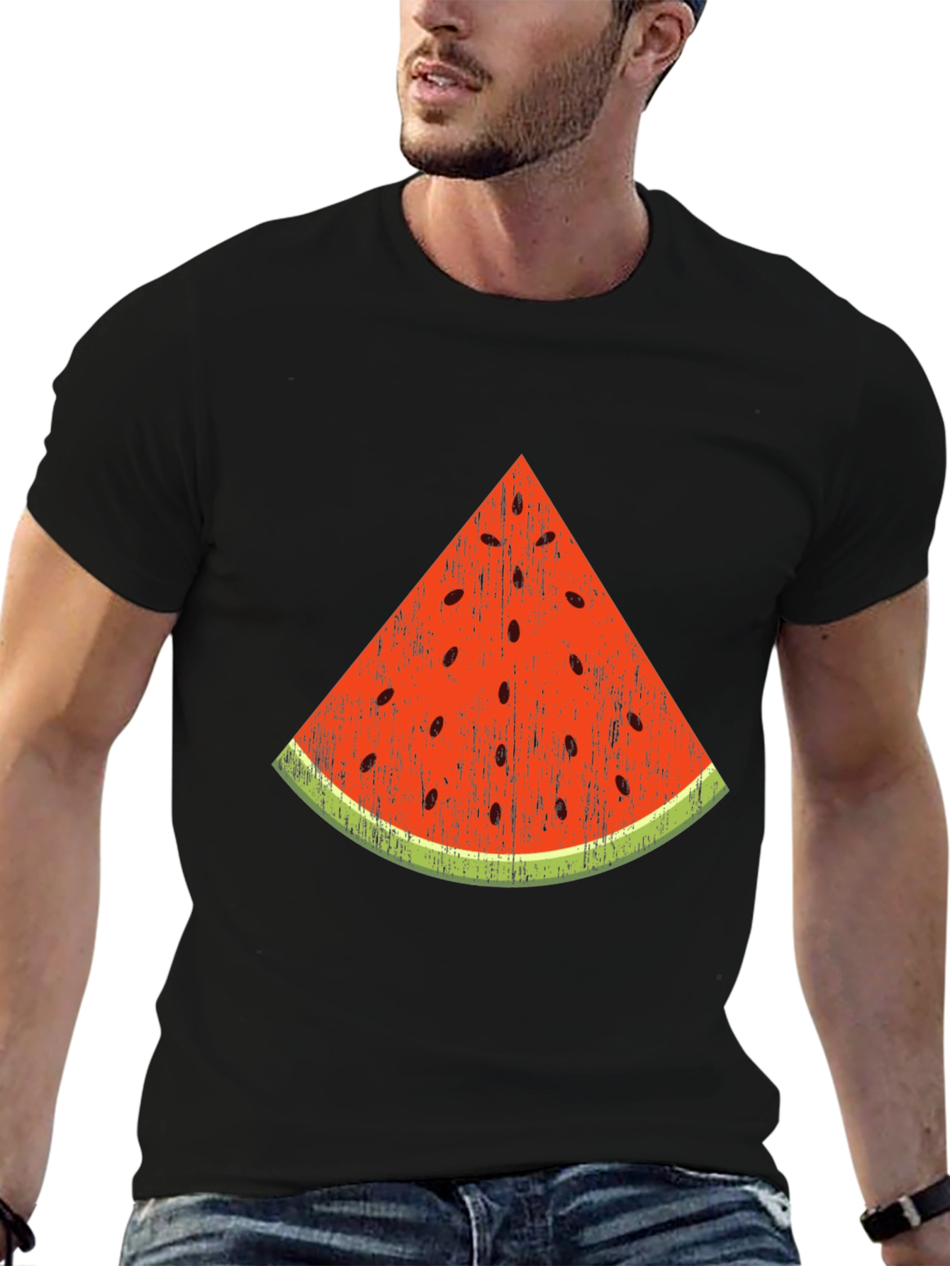 Fun Watermelon Slice Graphic Tee - Black Cotton T-Shirt