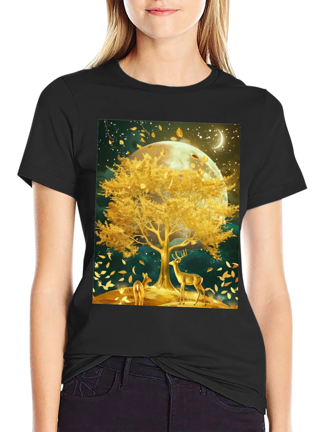 Deer & Golden Tree Black Graphic Tee