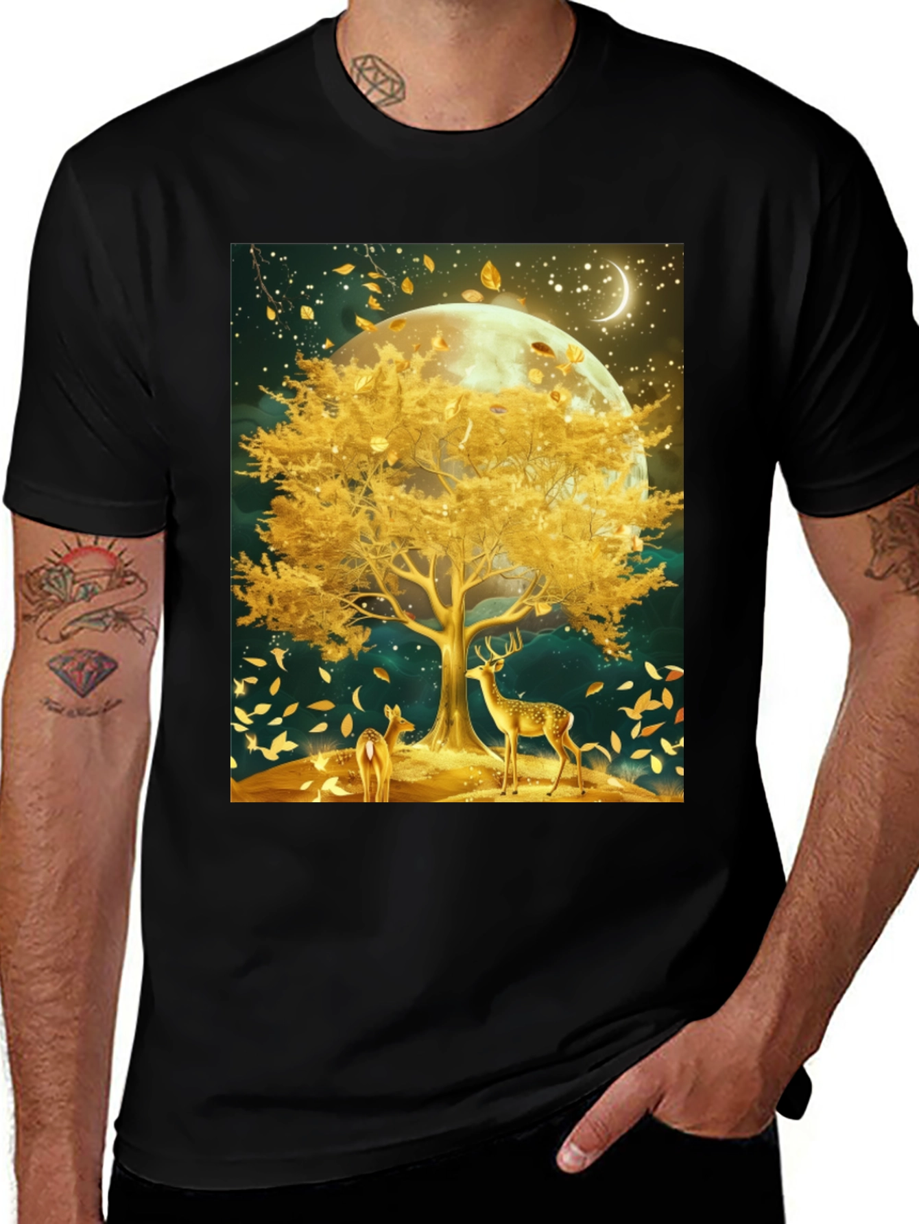 Deer & Golden Tree Black Graphic Tee