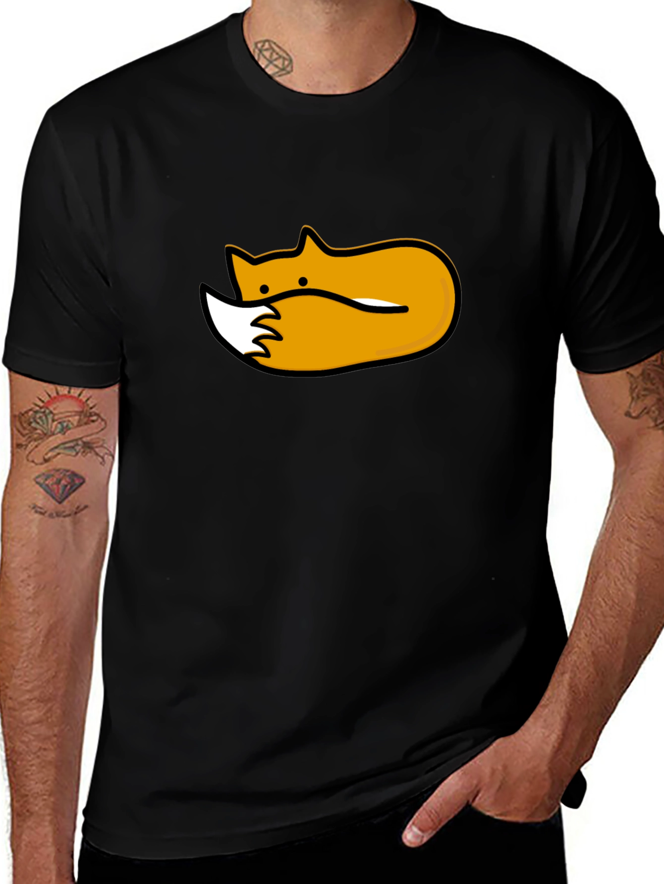 Cute Sleeping Fox Graphic Tee - Black