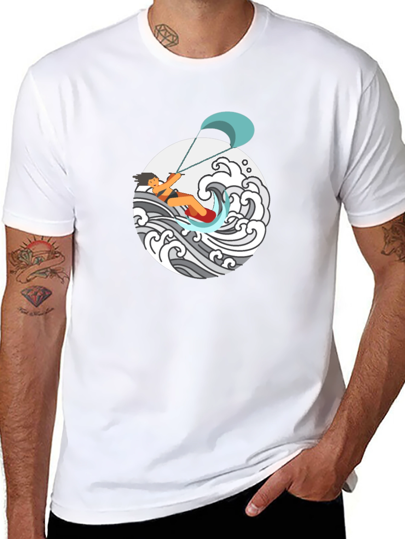 Kite Surfing Graphic Tee - Black Cotton T-Shirt