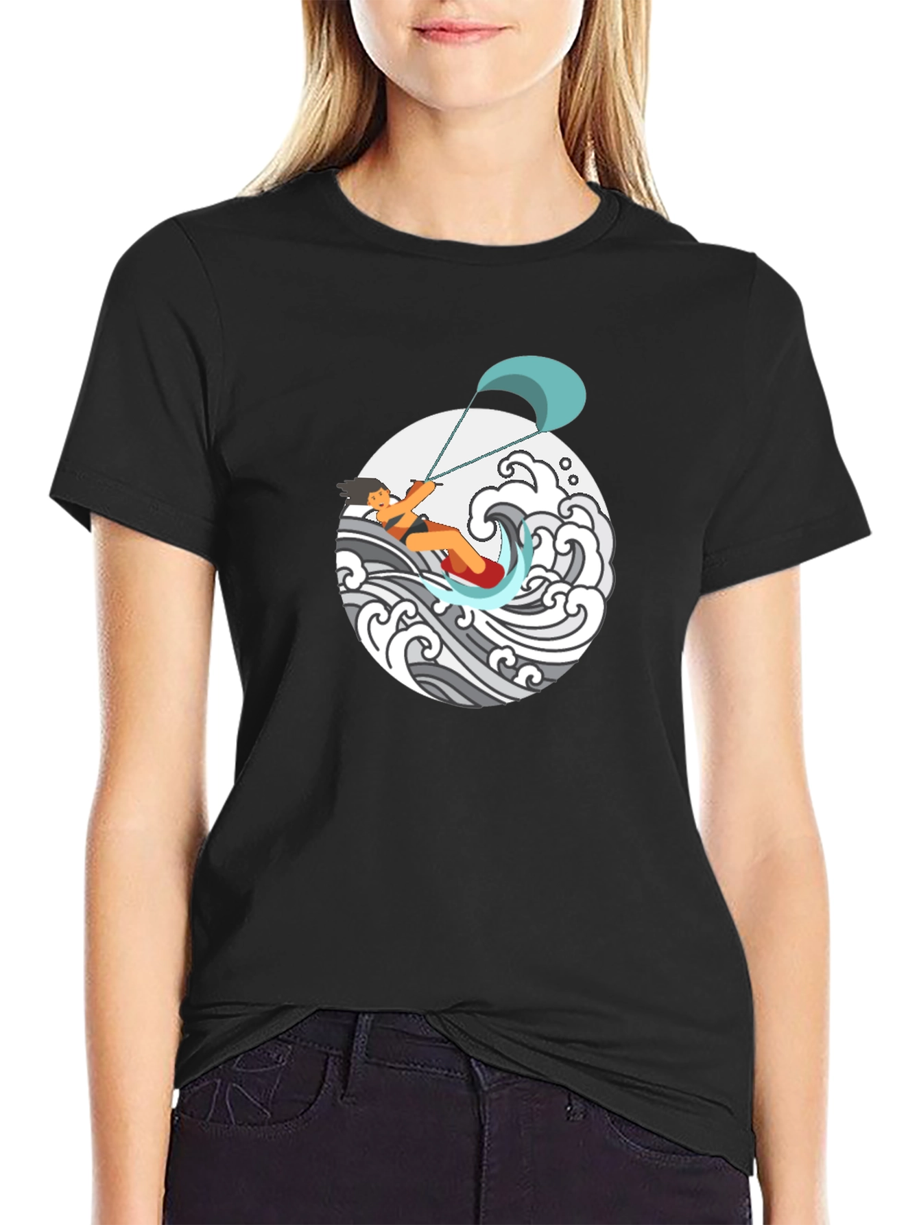 Kite Surfing Graphic Tee - Black Cotton T-Shirt