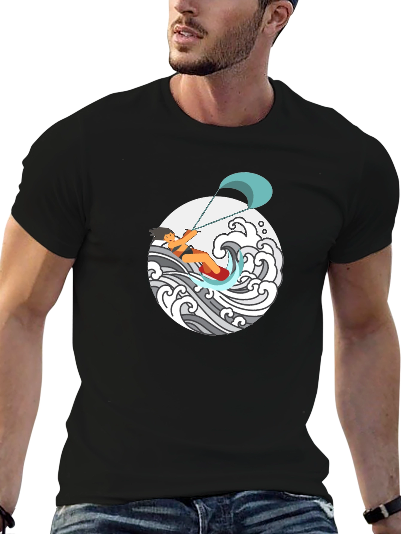 Kite Surfing Graphic Tee - Black Cotton T-Shirt