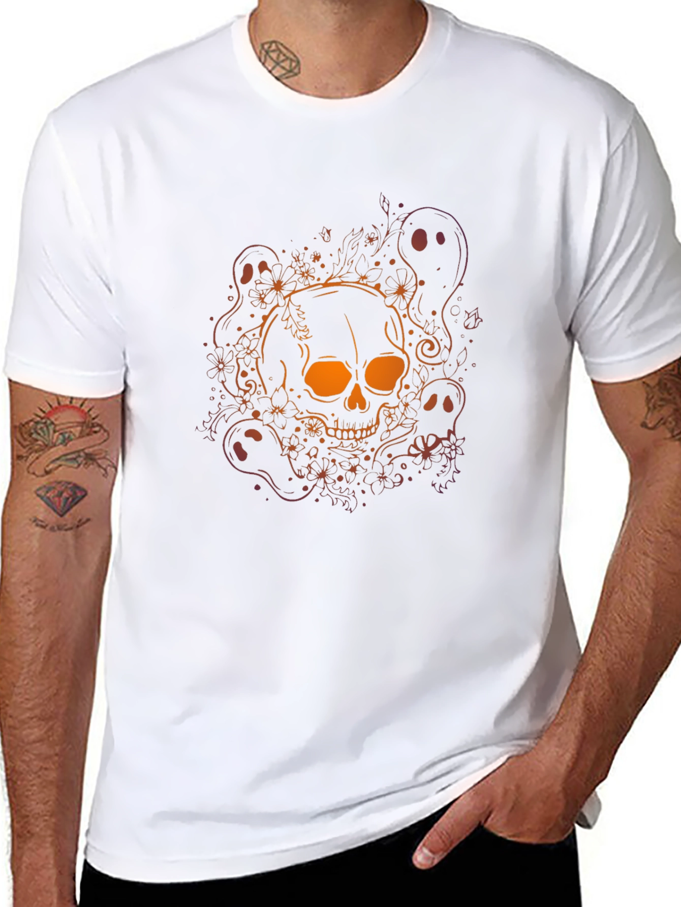 Skull & Ghost Graphic Tee - Halloween Black T-Shirt