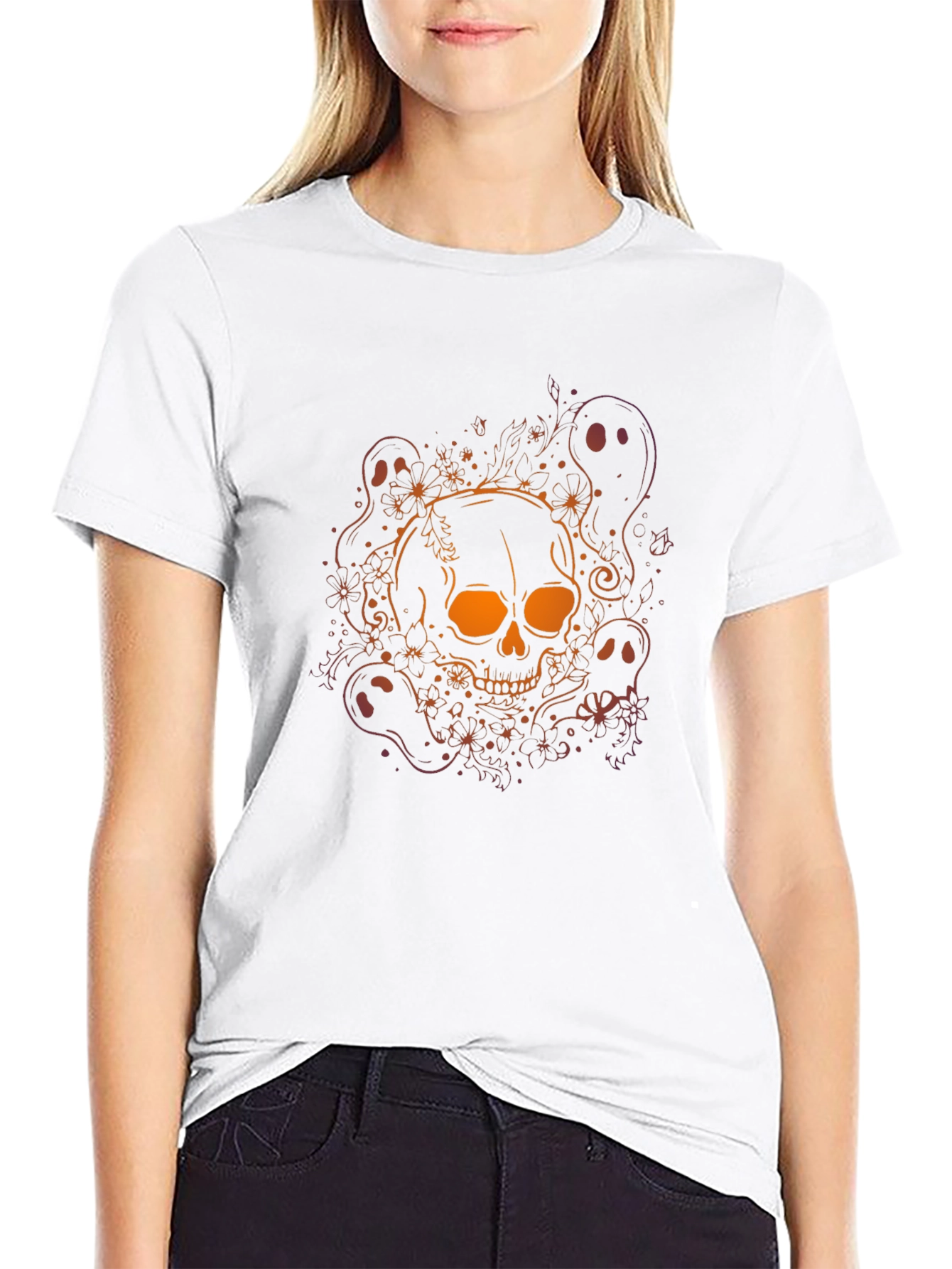 Skull & Ghost Graphic Tee - Halloween Black T-Shirt