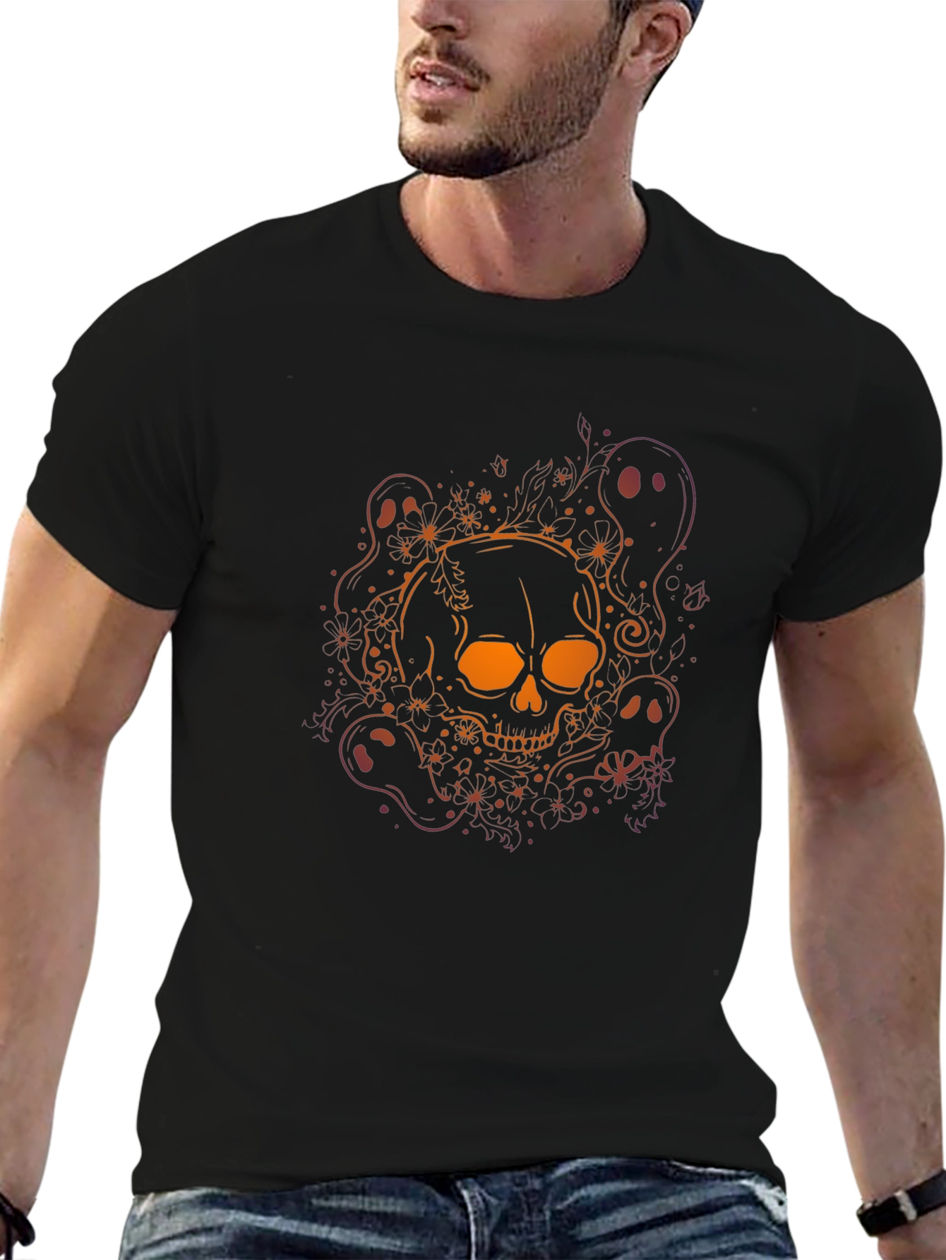 Skull & Ghost Graphic Tee - Halloween Black T-Shirt