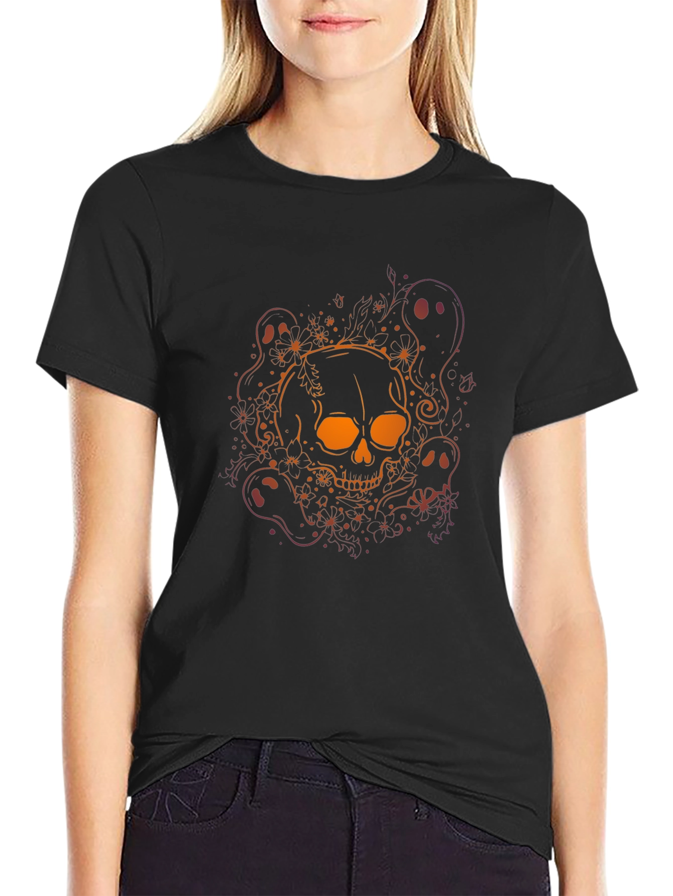 Skull & Ghost Graphic Tee - Halloween Black T-Shirt