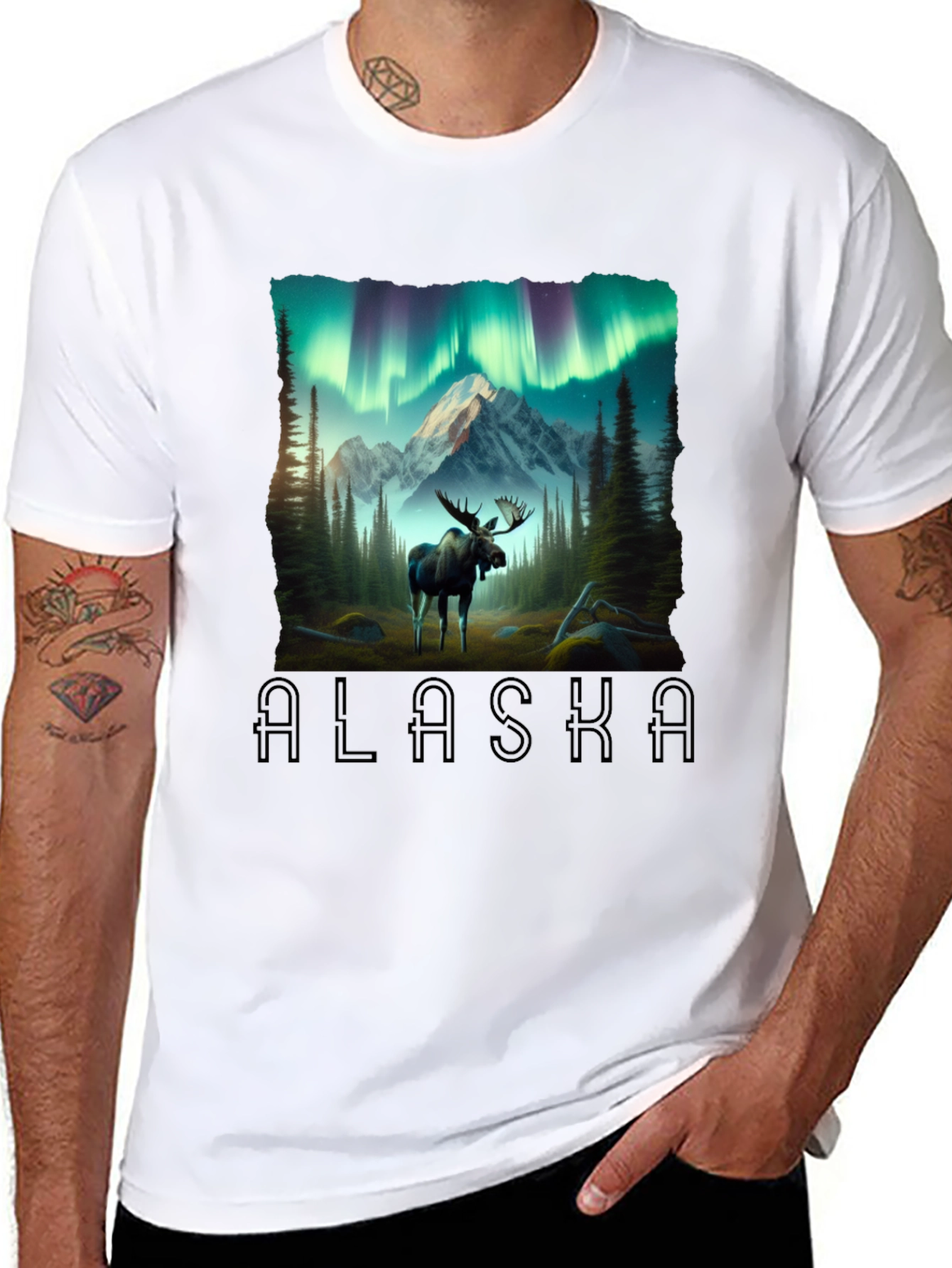 Alaska Moose & Northern Lights Graphic T-Shirt