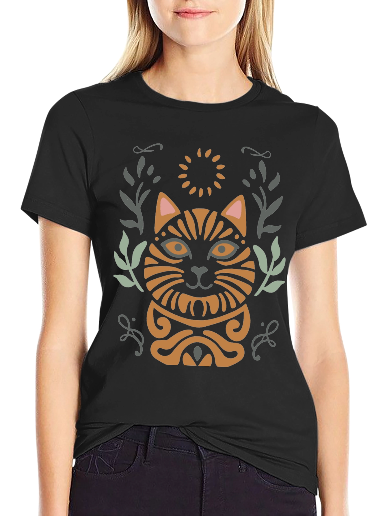Boho Cat Graphic Tee - Stylish Mens Black T-Shirt