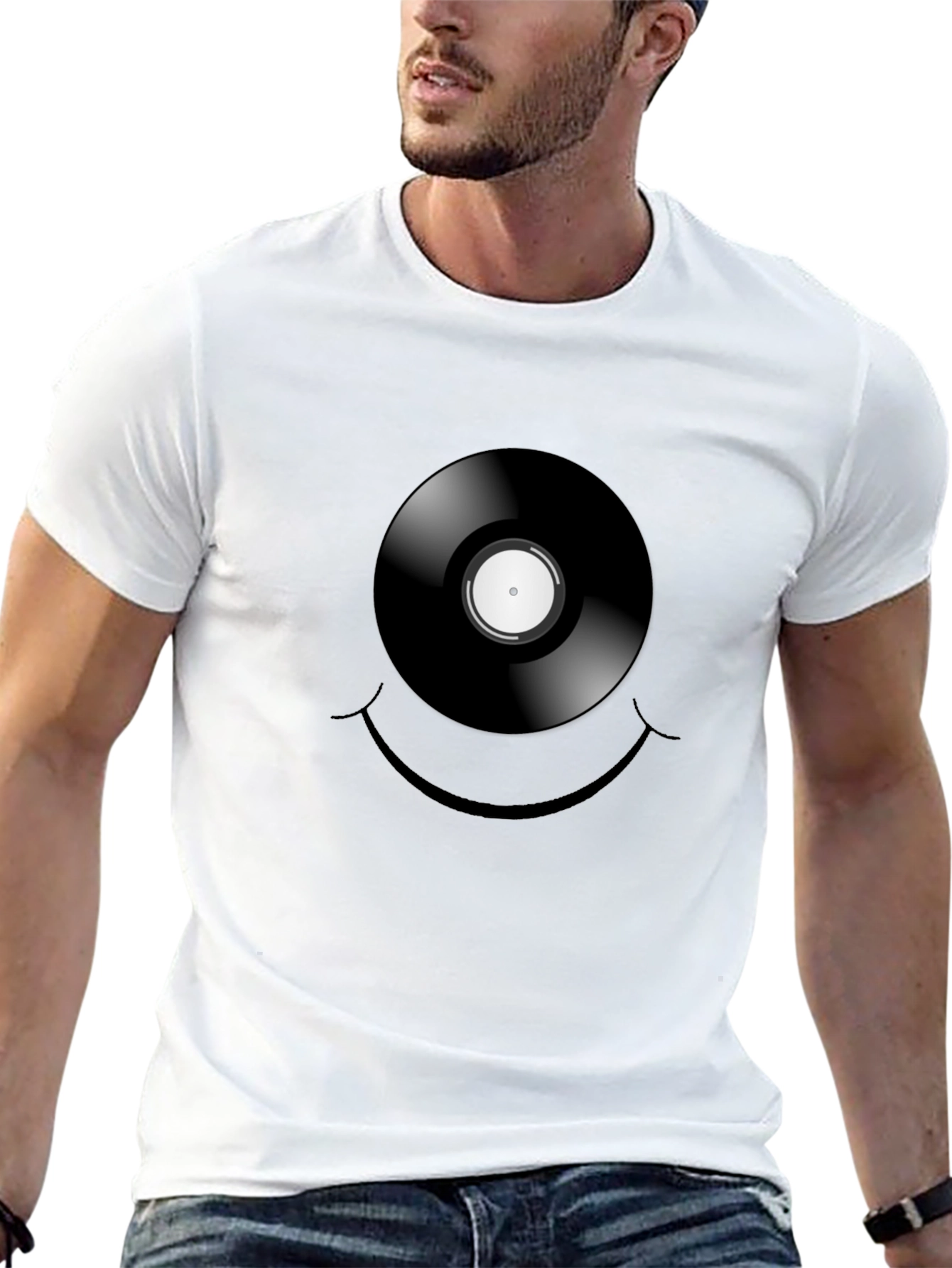 Vinyl Record Smiley Face Graphic T-Shirt