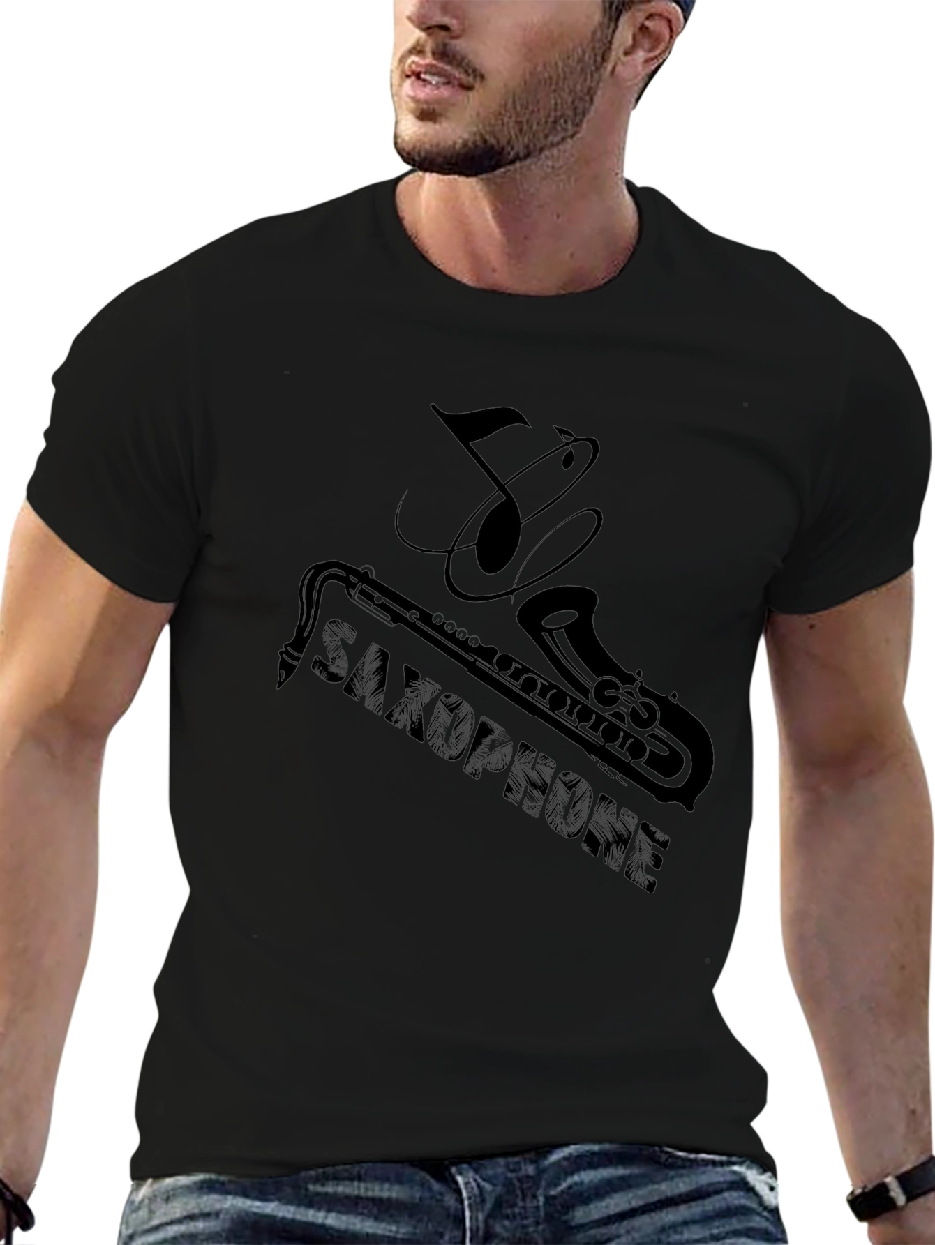 Saxophone Music Note Graphic T-Shirt - Black