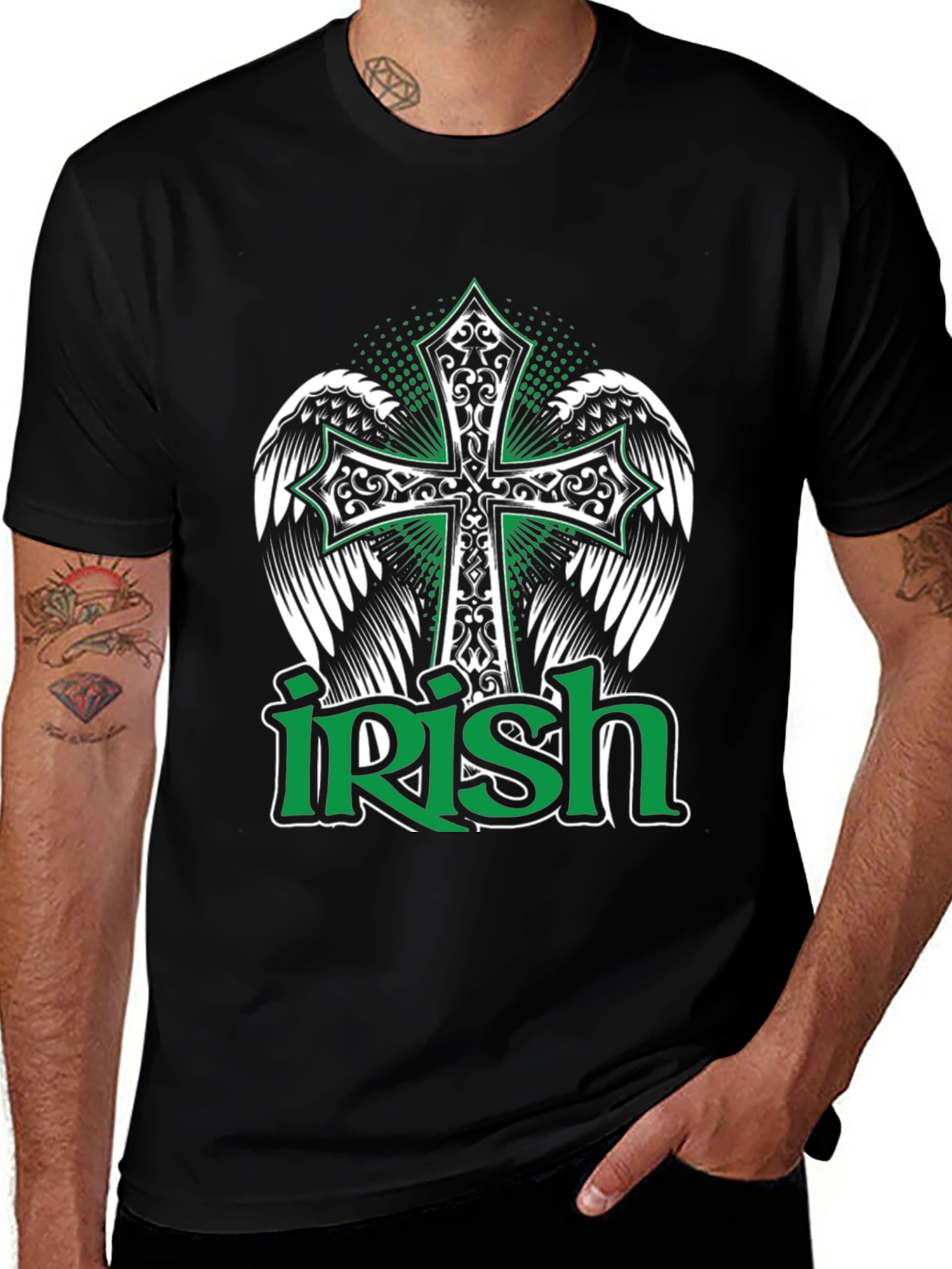 Irish Pride Black T-Shirt Celtic Cross Wings Graphic Tee