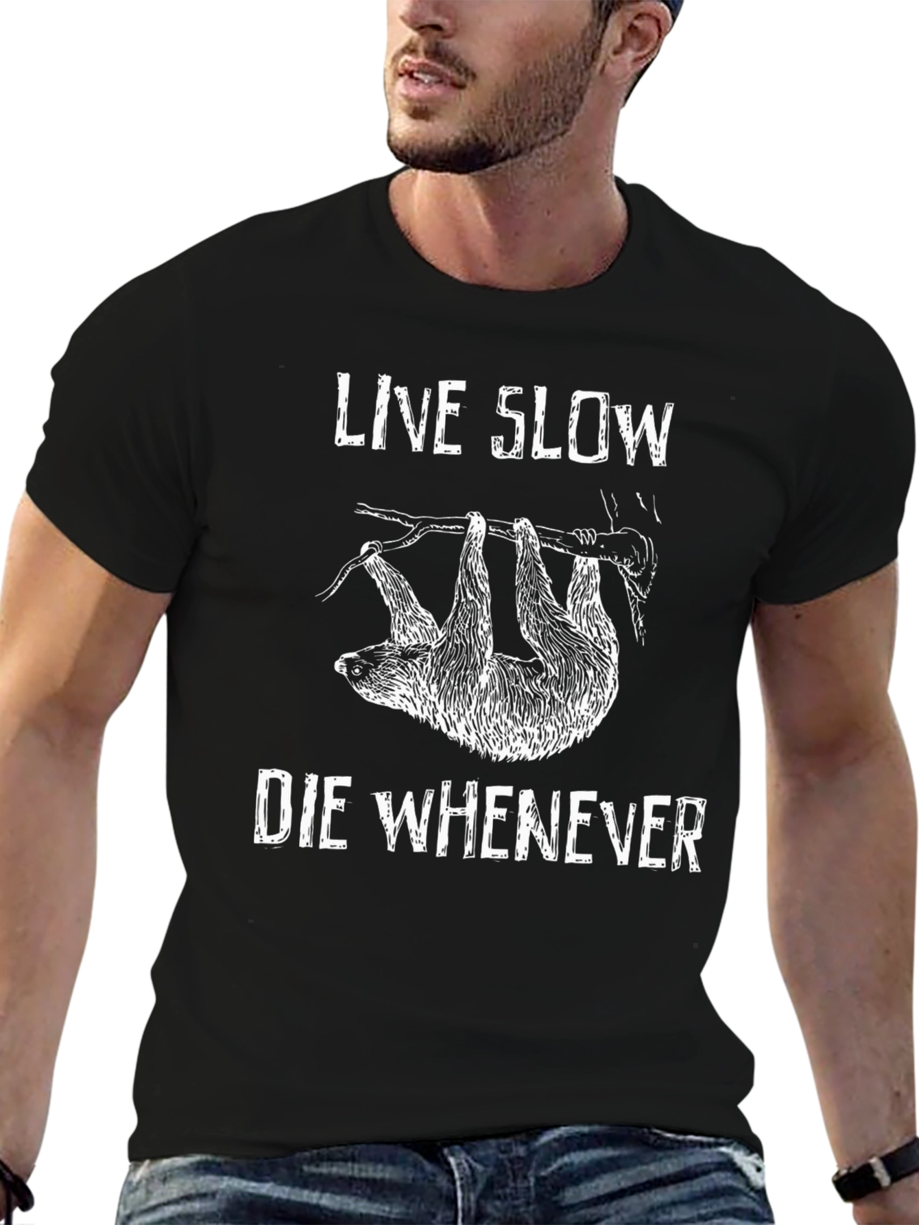 Live Slow Sloth Graphic Tee - Black Cotton T-Shirt