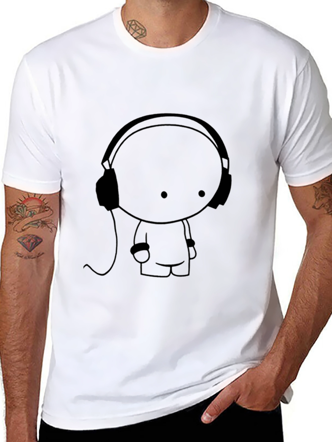 Headphones Cartoon Black T-Shirt