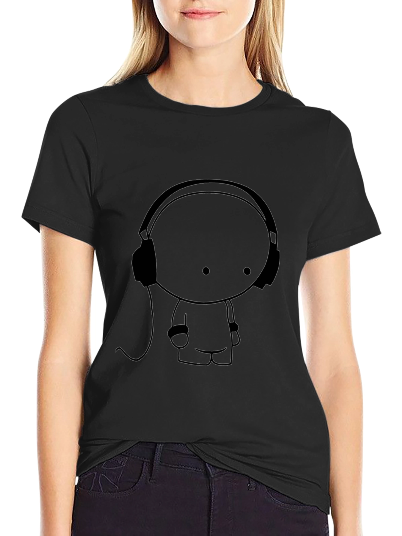 Headphones Cartoon Black T-Shirt