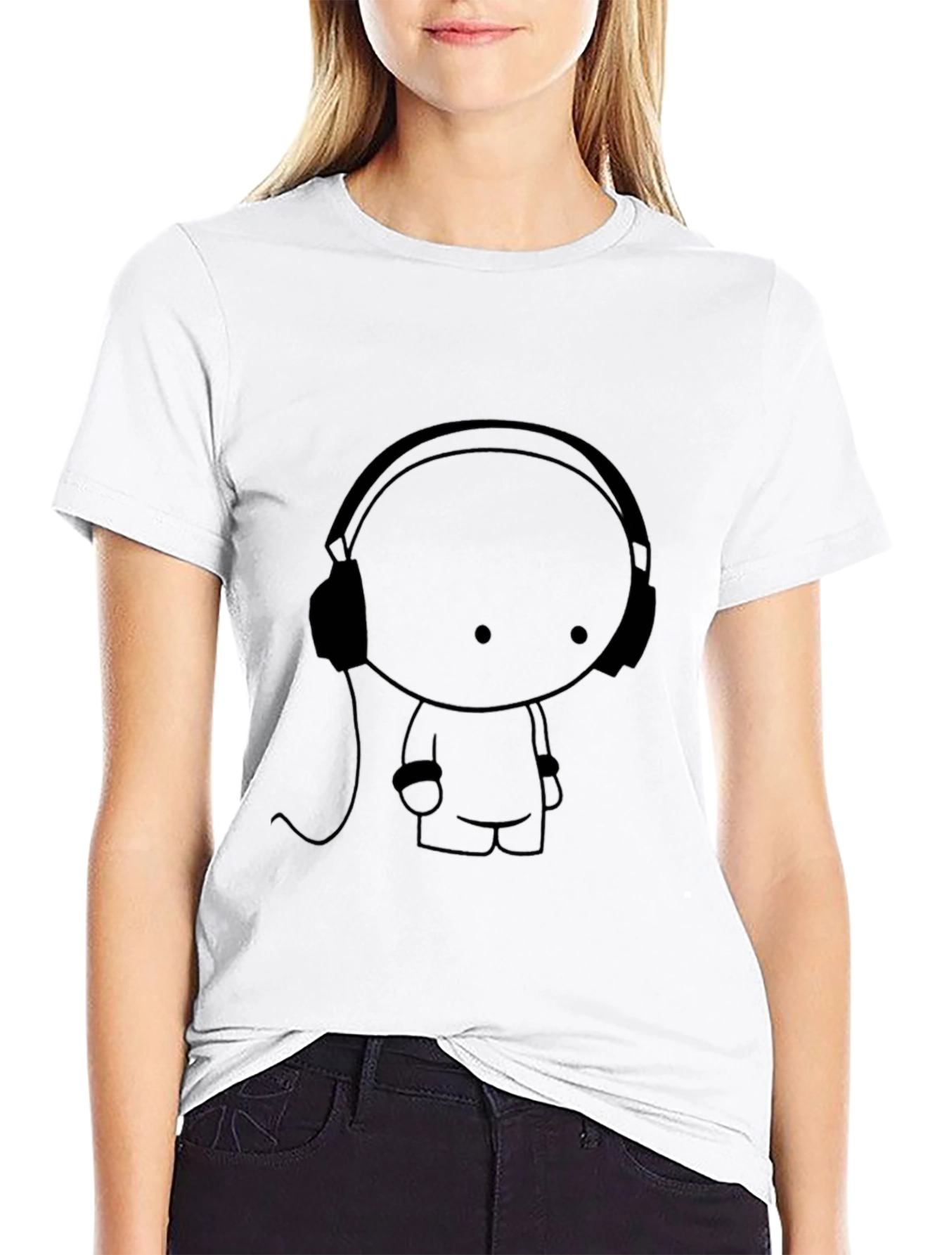 Headphones Cartoon Black T-Shirt
