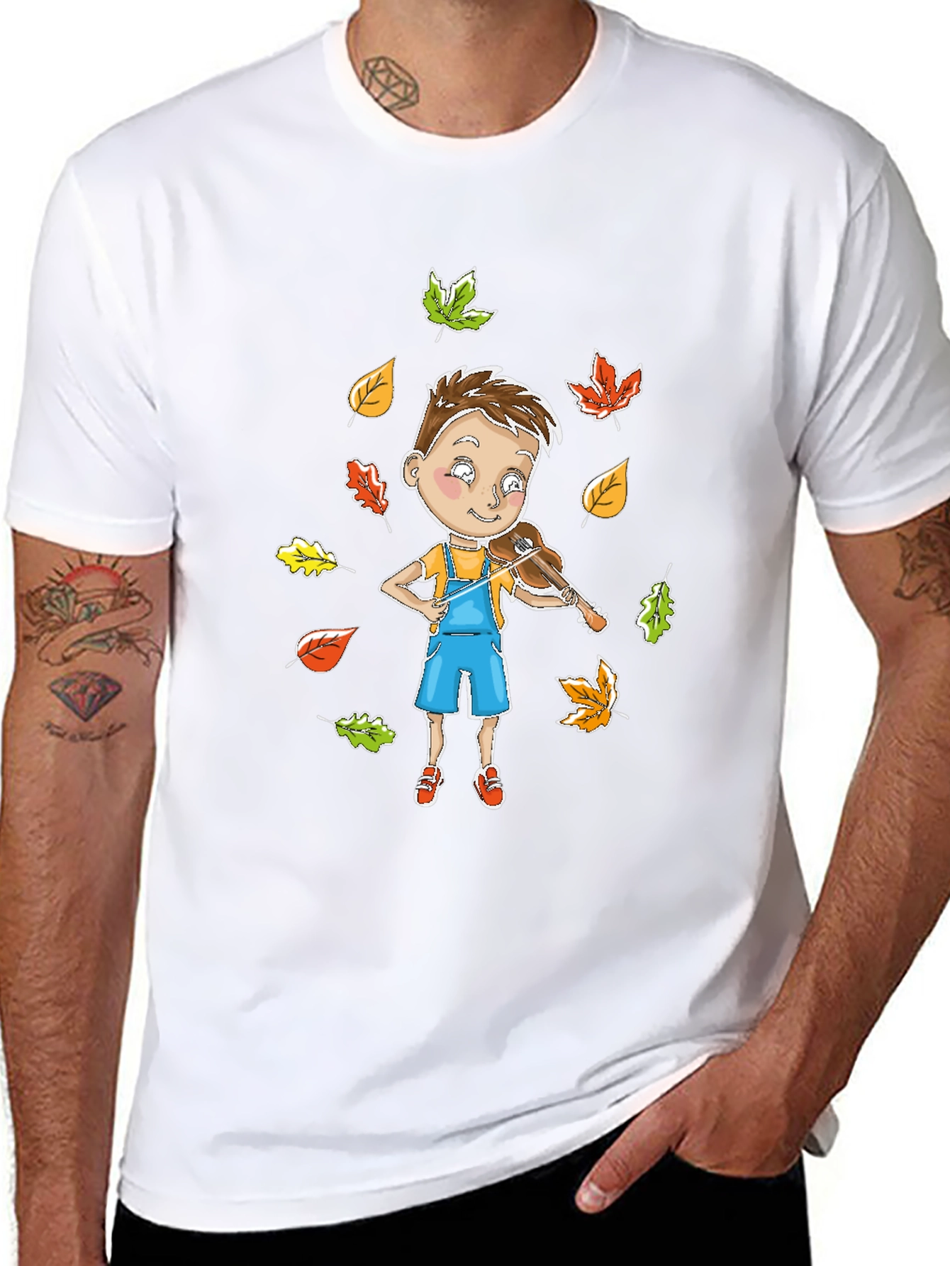 Boy Playing Violin in Autumn Leaves T-Shirt