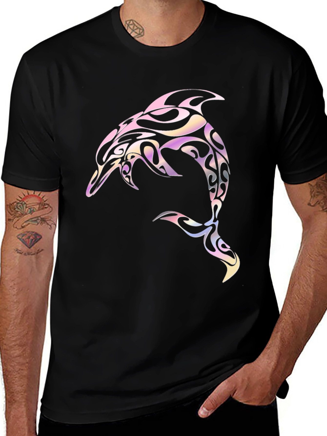 Tribal Dolphin Graphic Tee - Black Cotton Blend