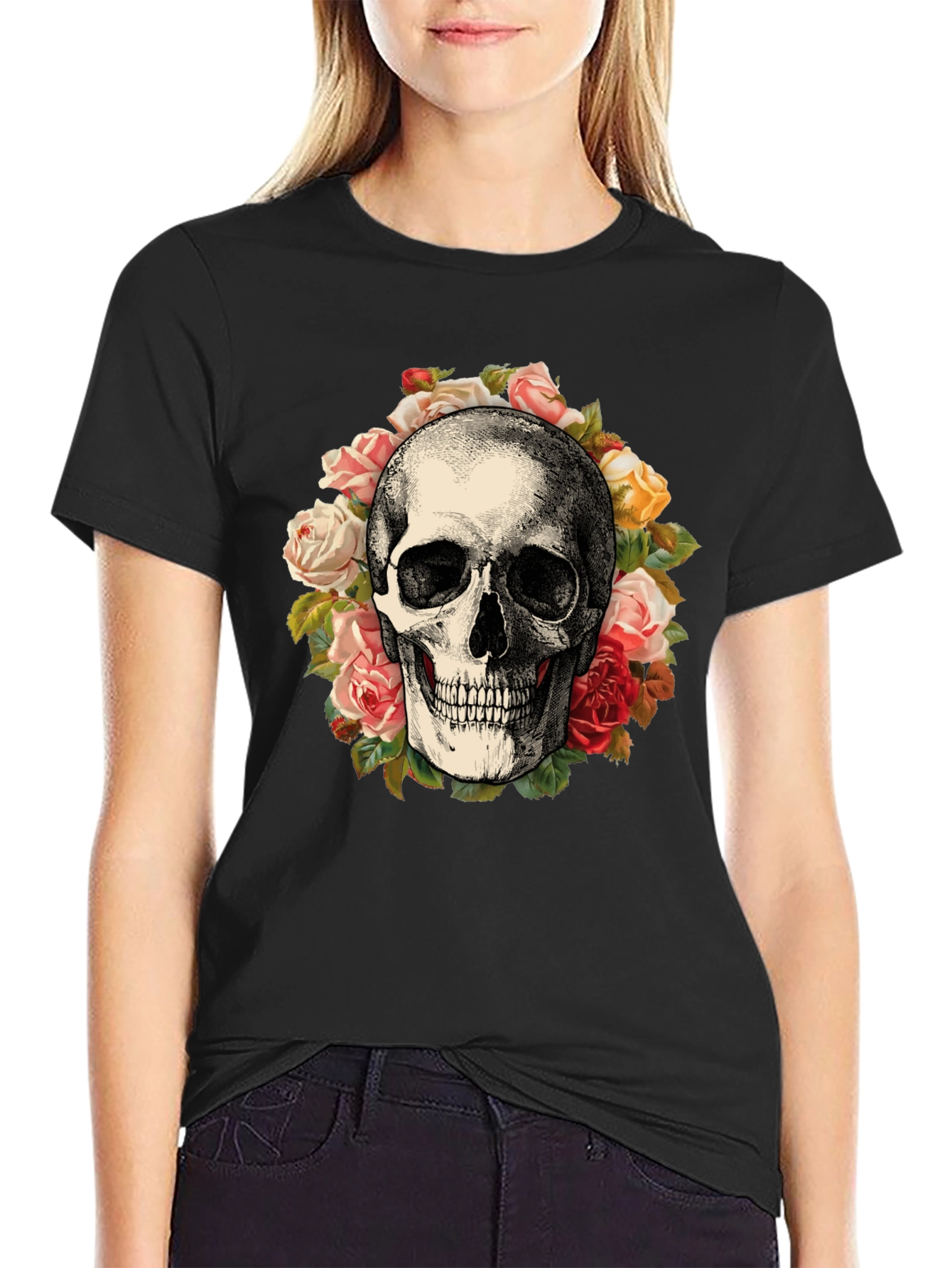Skull & Roses Graphic Print Black T-Shirt