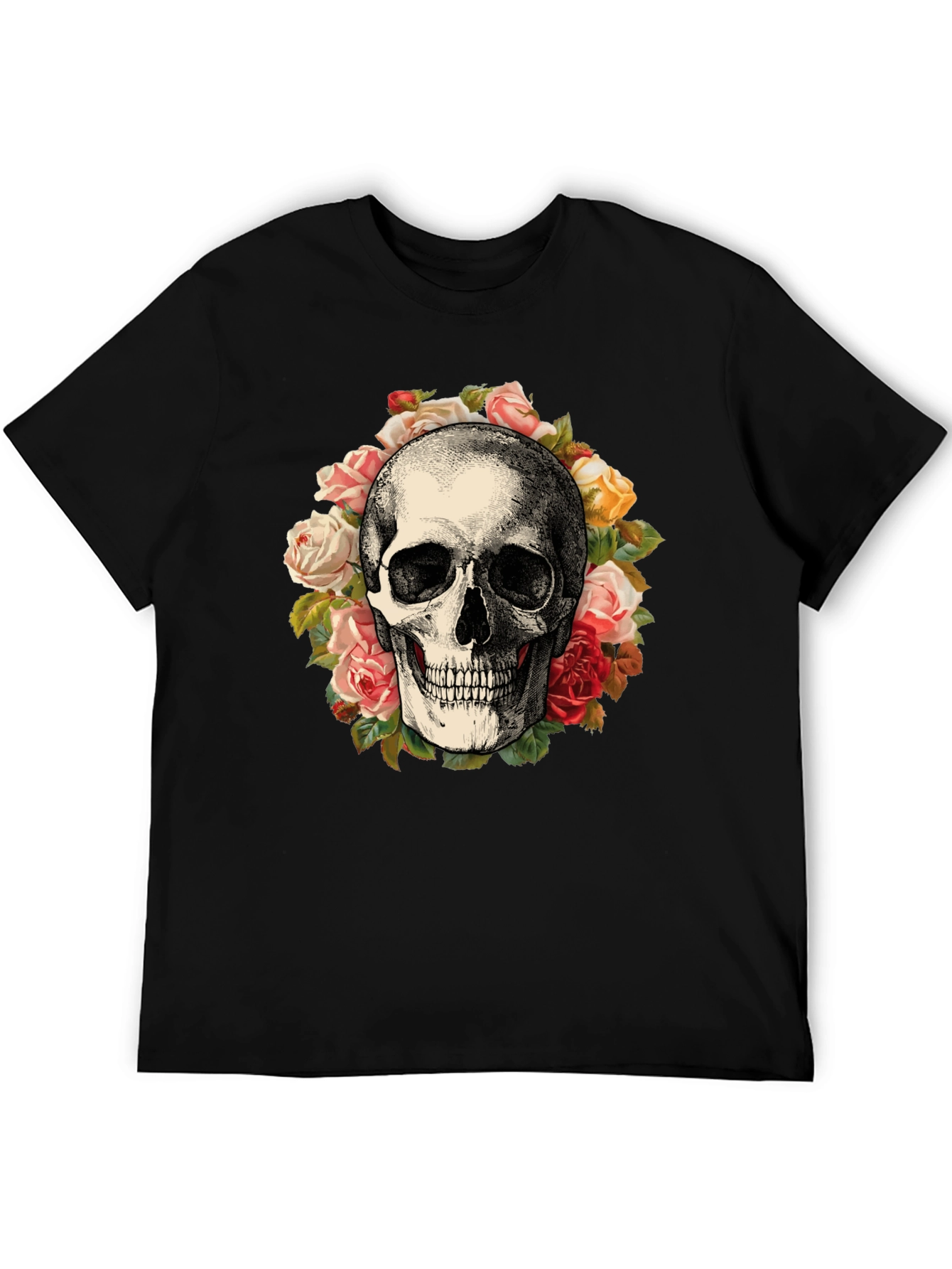Skull & Roses Graphic Print Black T-Shirt