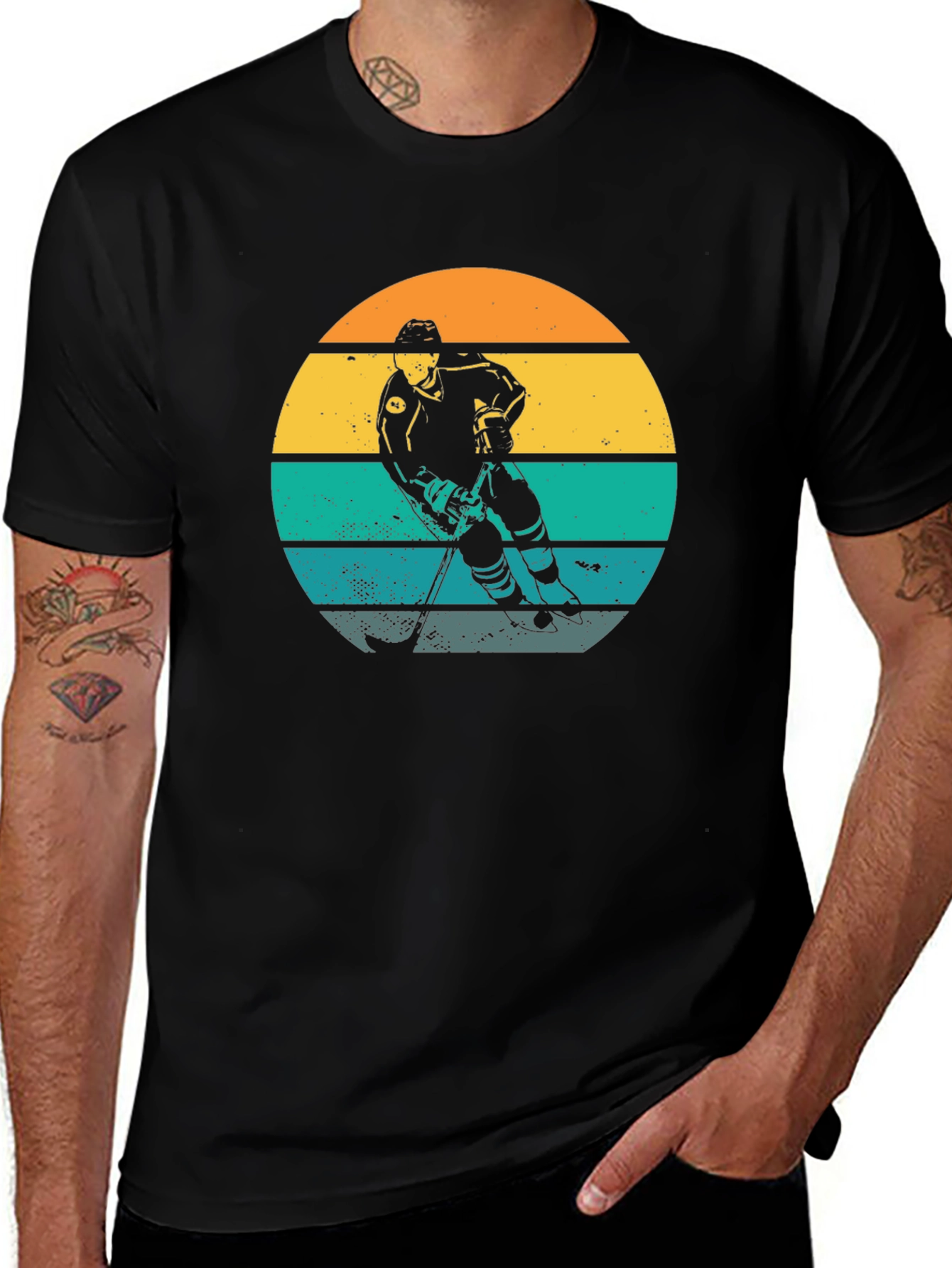 Retro Hockey Player Sunset Graphic T-Shirt