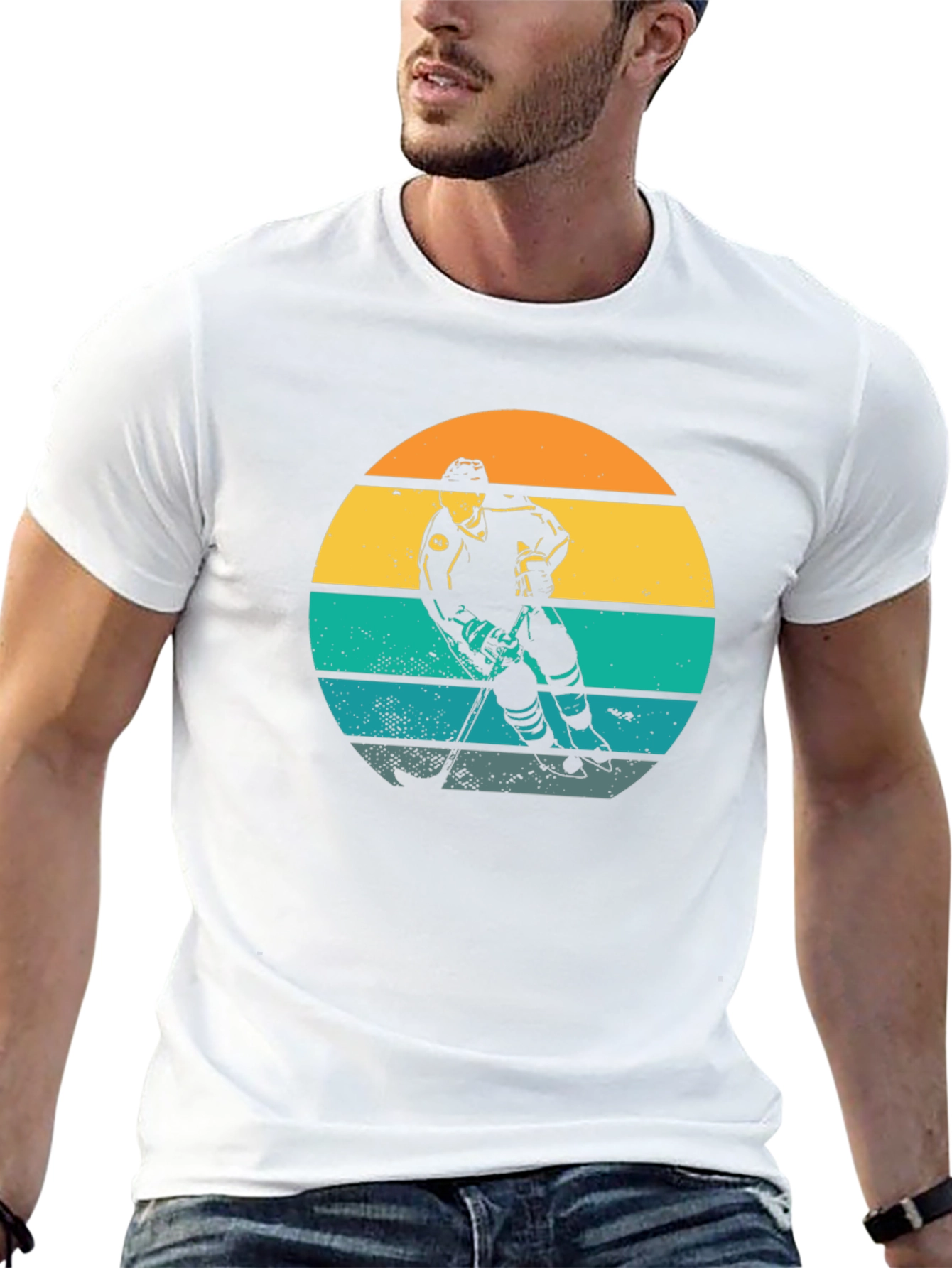 Retro Hockey Player Sunset Graphic T-Shirt