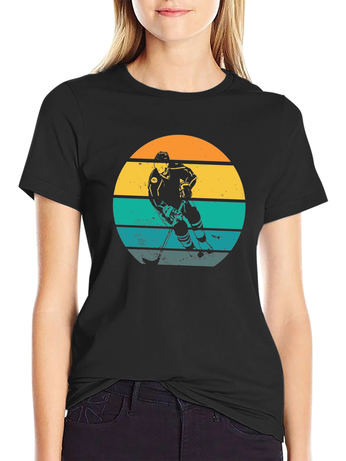 Retro Hockey Player Sunset Graphic T-Shirt