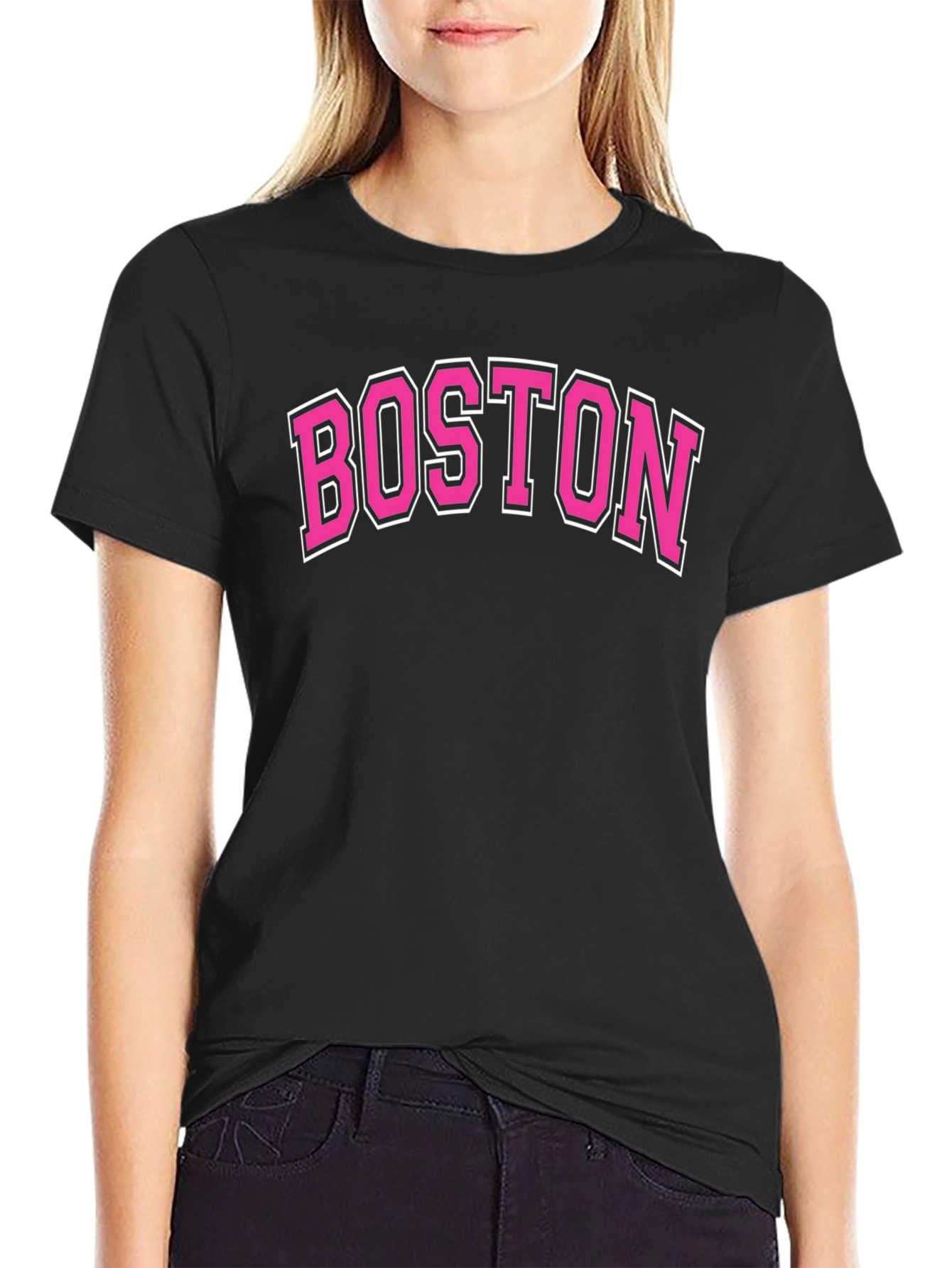 Boston Pink Lettering Black T-Shirt