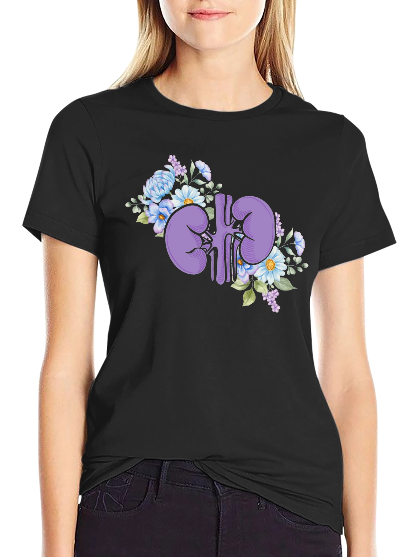 Floral Kidney Graphic Tee - Black Cotton T-Shirt
