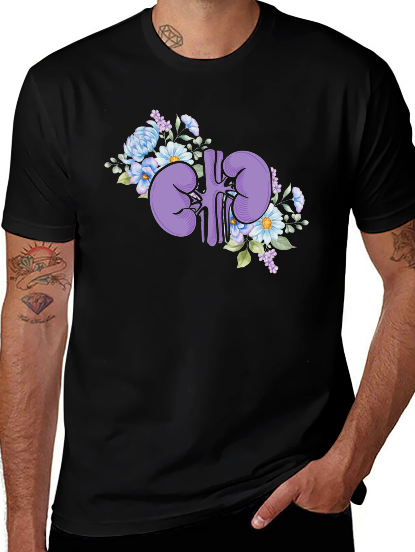Floral Kidney Graphic Tee - Black Cotton T-Shirt