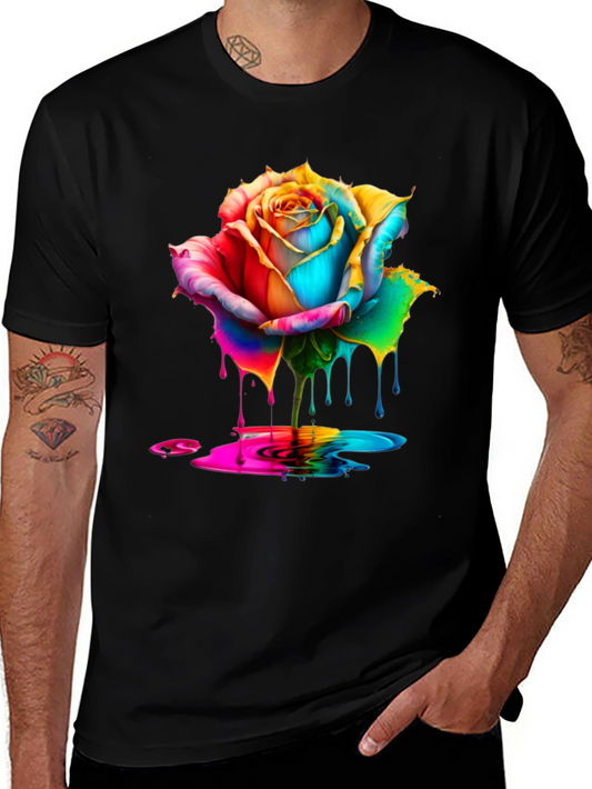 Rainbow Rose Dripping Paint Graphic Tee