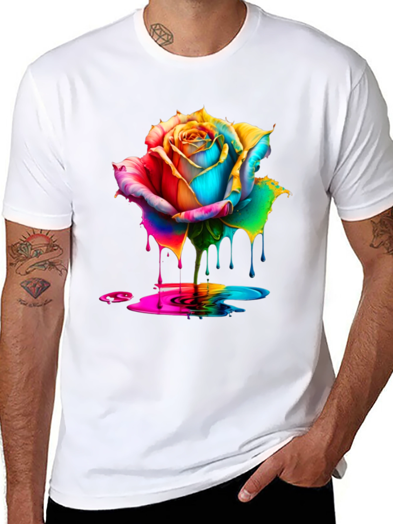 Rainbow Rose Dripping Paint Graphic Tee