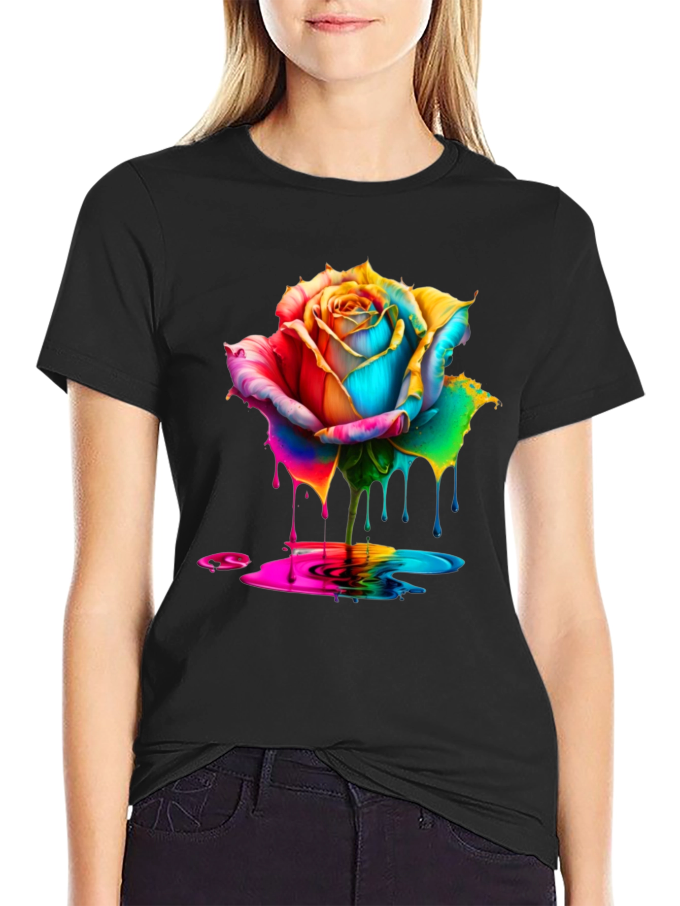 Rainbow Rose Dripping Paint Graphic Tee