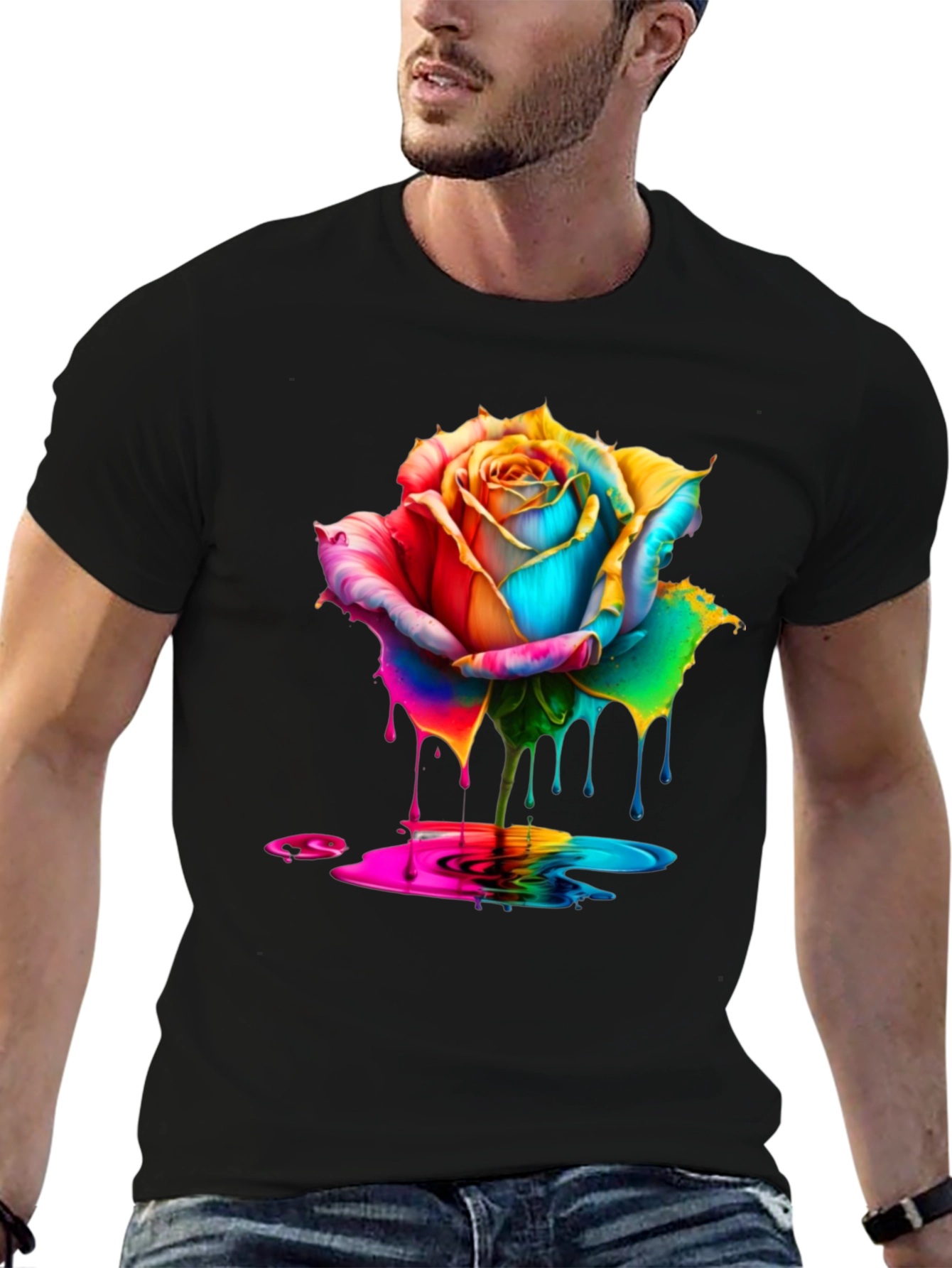 Rainbow Rose Dripping Paint Graphic Tee