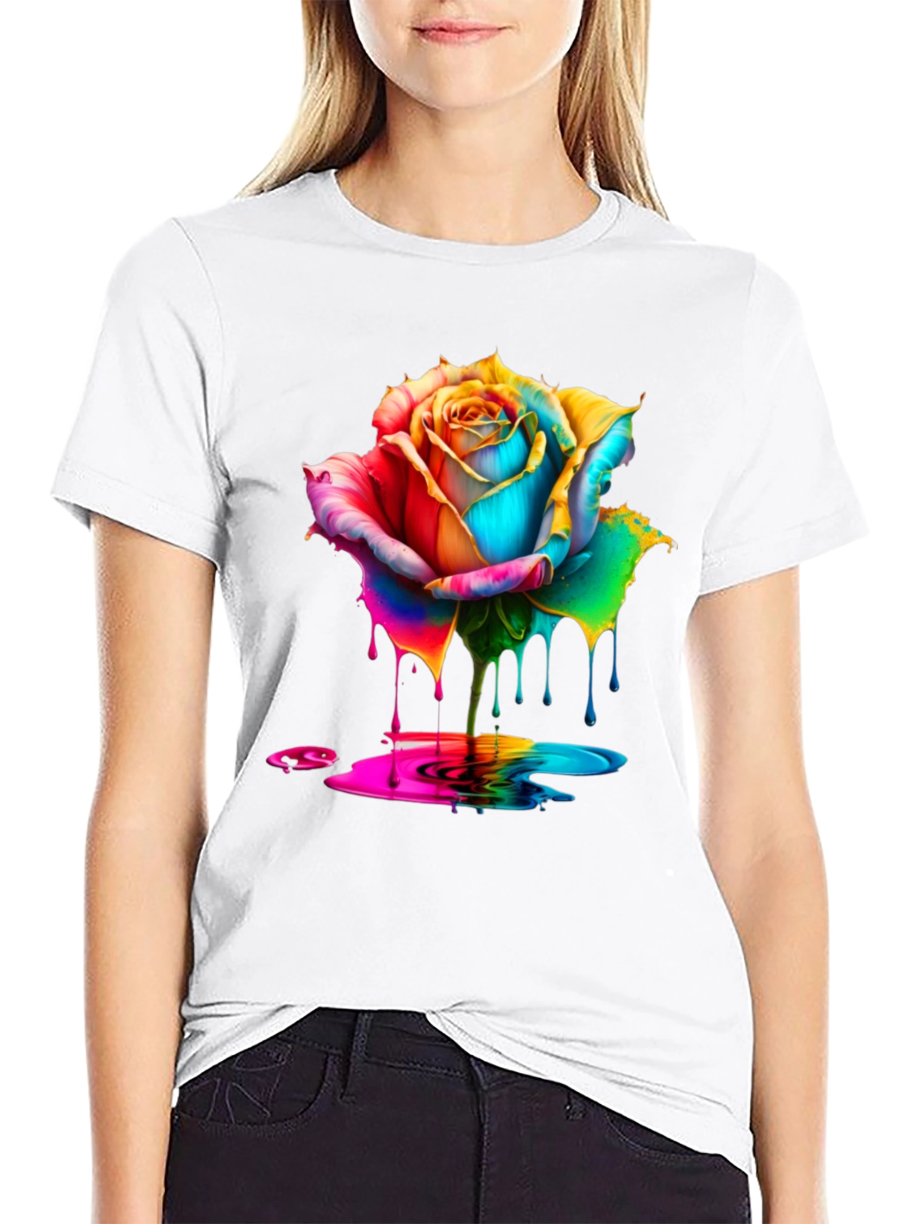 Rainbow Rose Dripping Paint Graphic Tee