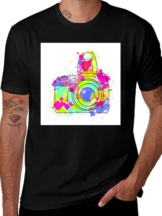 Watercolor Camera Graphic Tee - Black Cotton Shirt