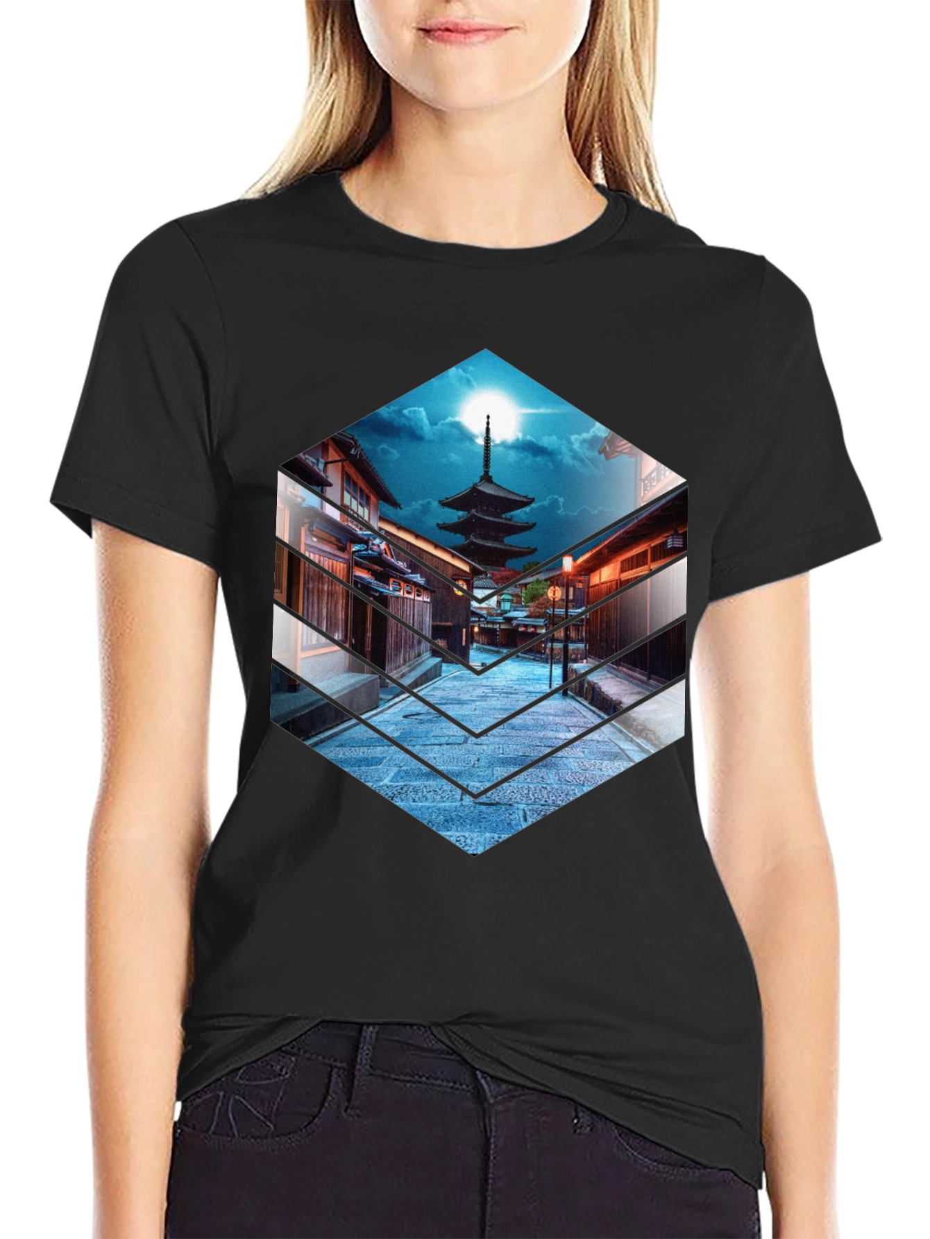 Japanese Pagoda Graphic Tee - Black Cotton T-Shirt