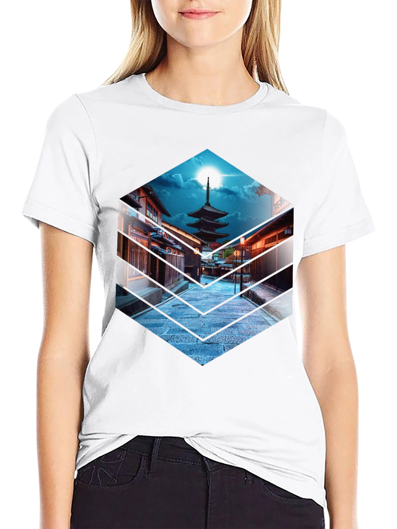 Japanese Pagoda Graphic Tee - Black Cotton T-Shirt