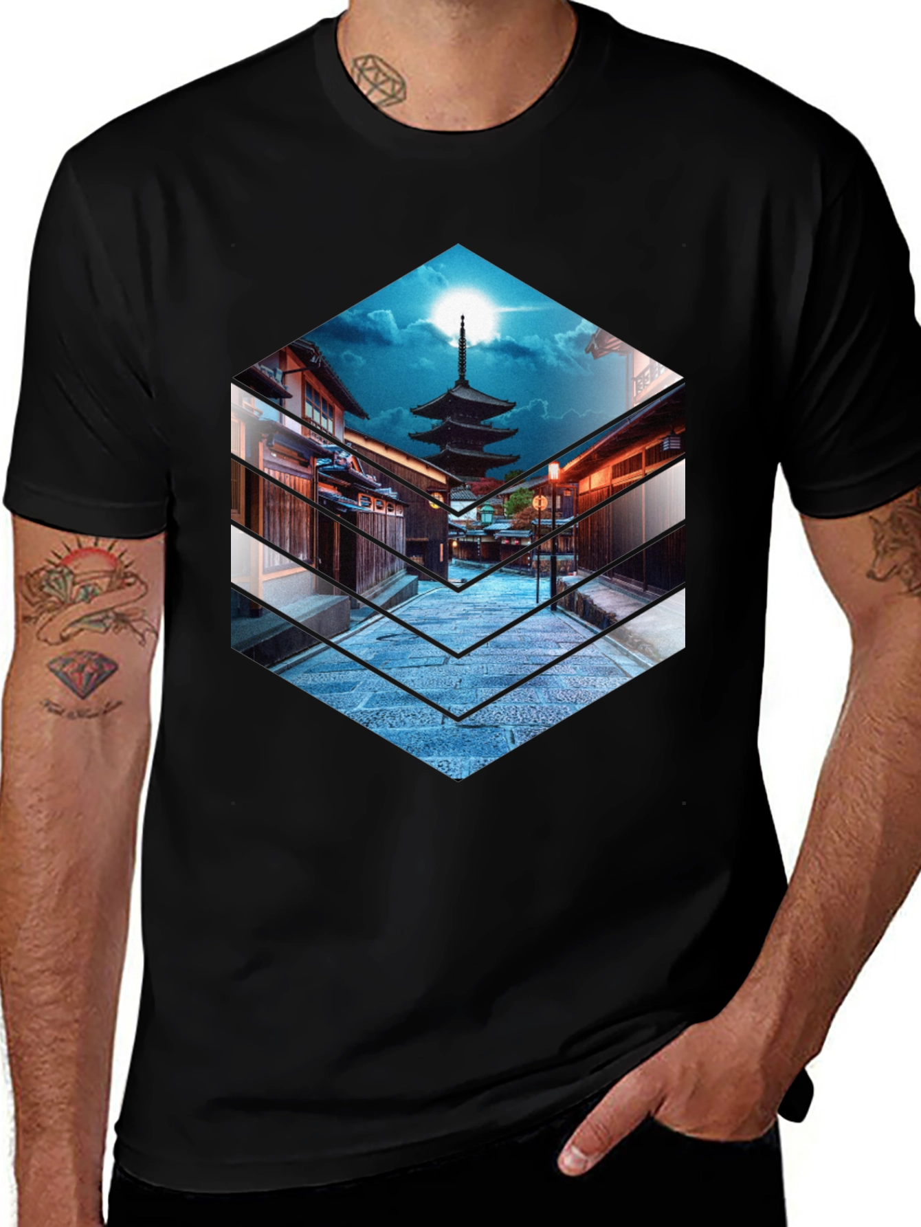 Japanese Pagoda Graphic Tee - Black Cotton T-Shirt