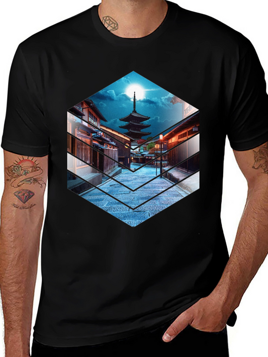 Japanese Pagoda Graphic Tee - Black Cotton T-Shirt