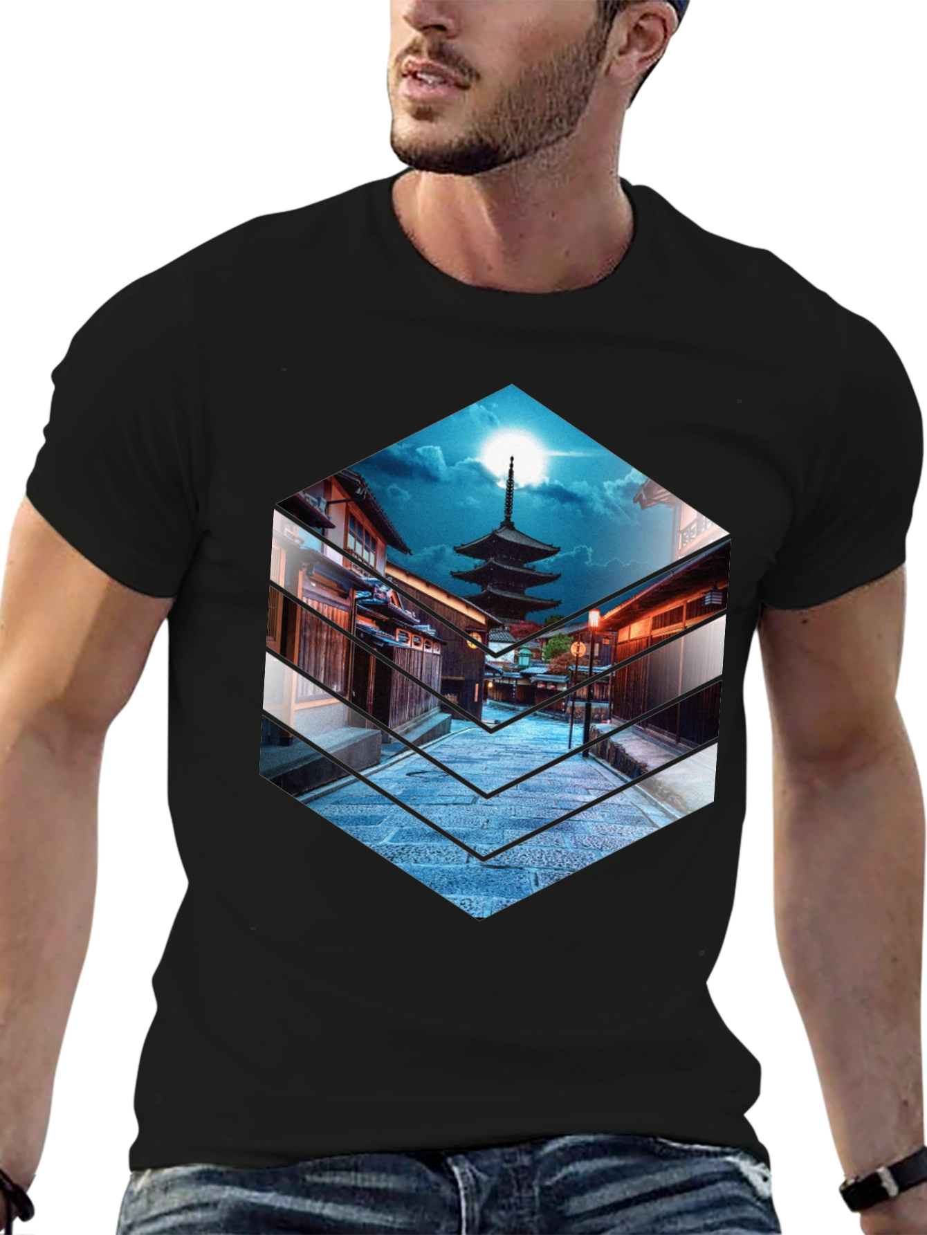 Japanese Pagoda Graphic Tee - Black Cotton T-Shirt