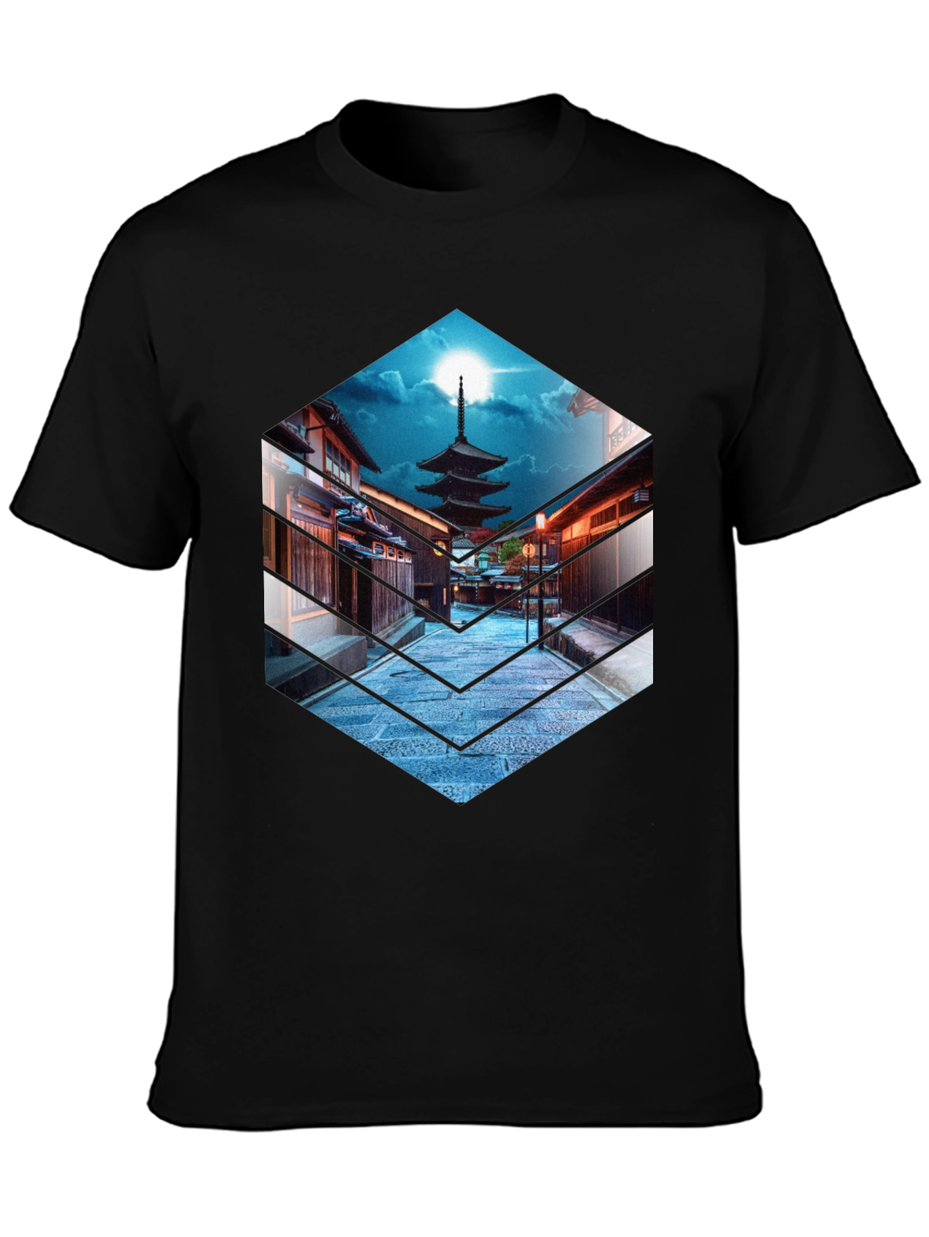 Japanese Pagoda Graphic Tee - Black Cotton T-Shirt