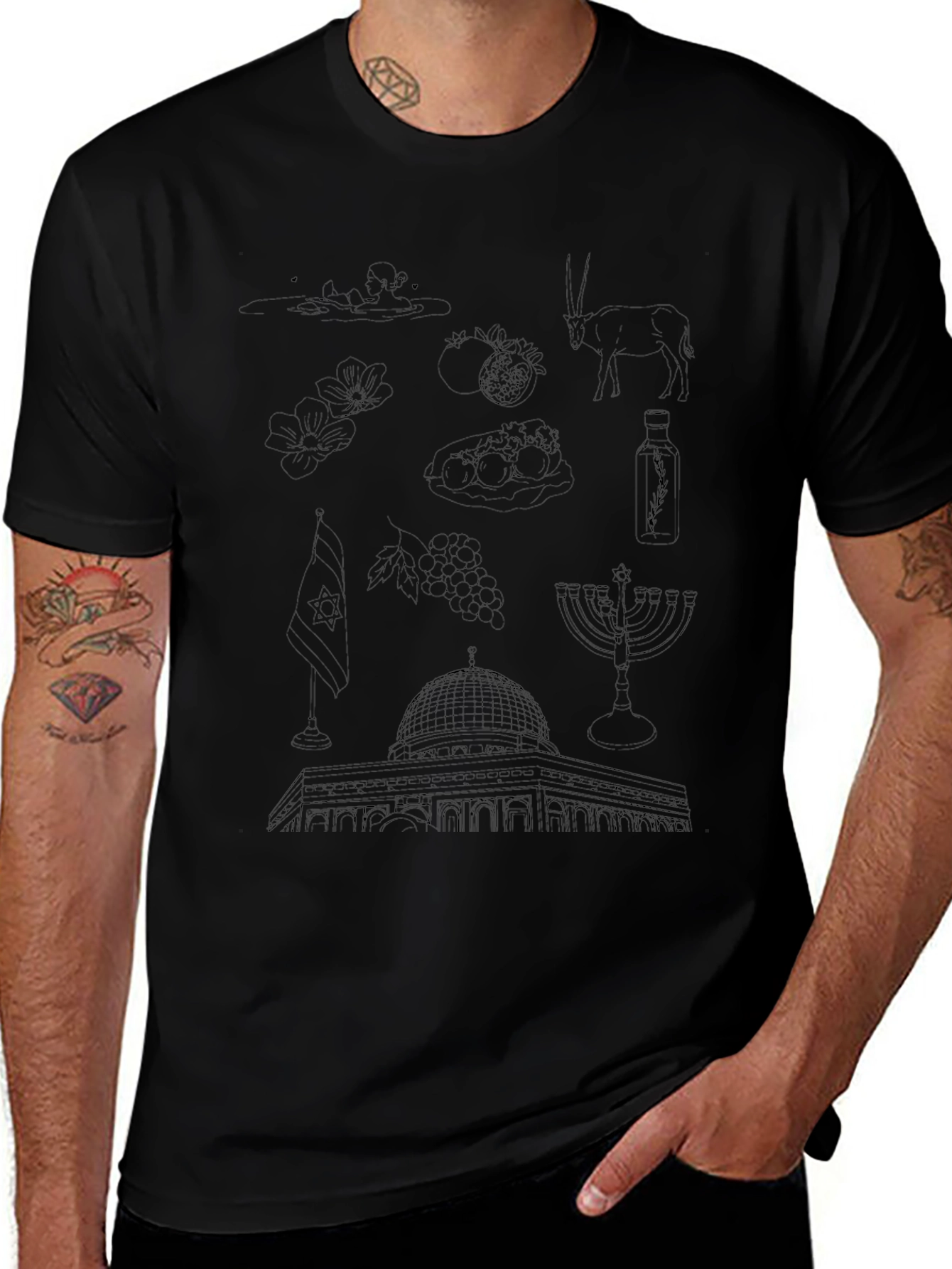 Israel Outline Art Black T-Shirt