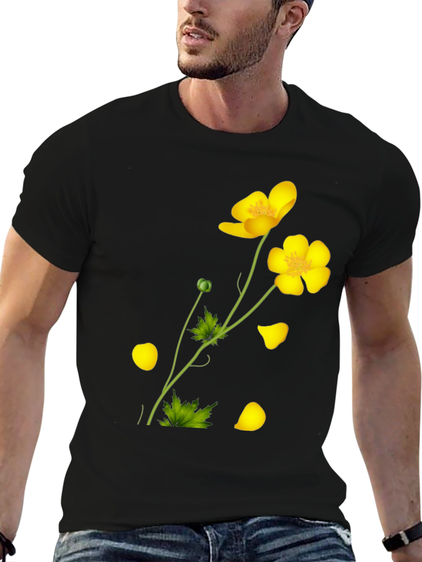 Black Tee with Yellow Floral Design