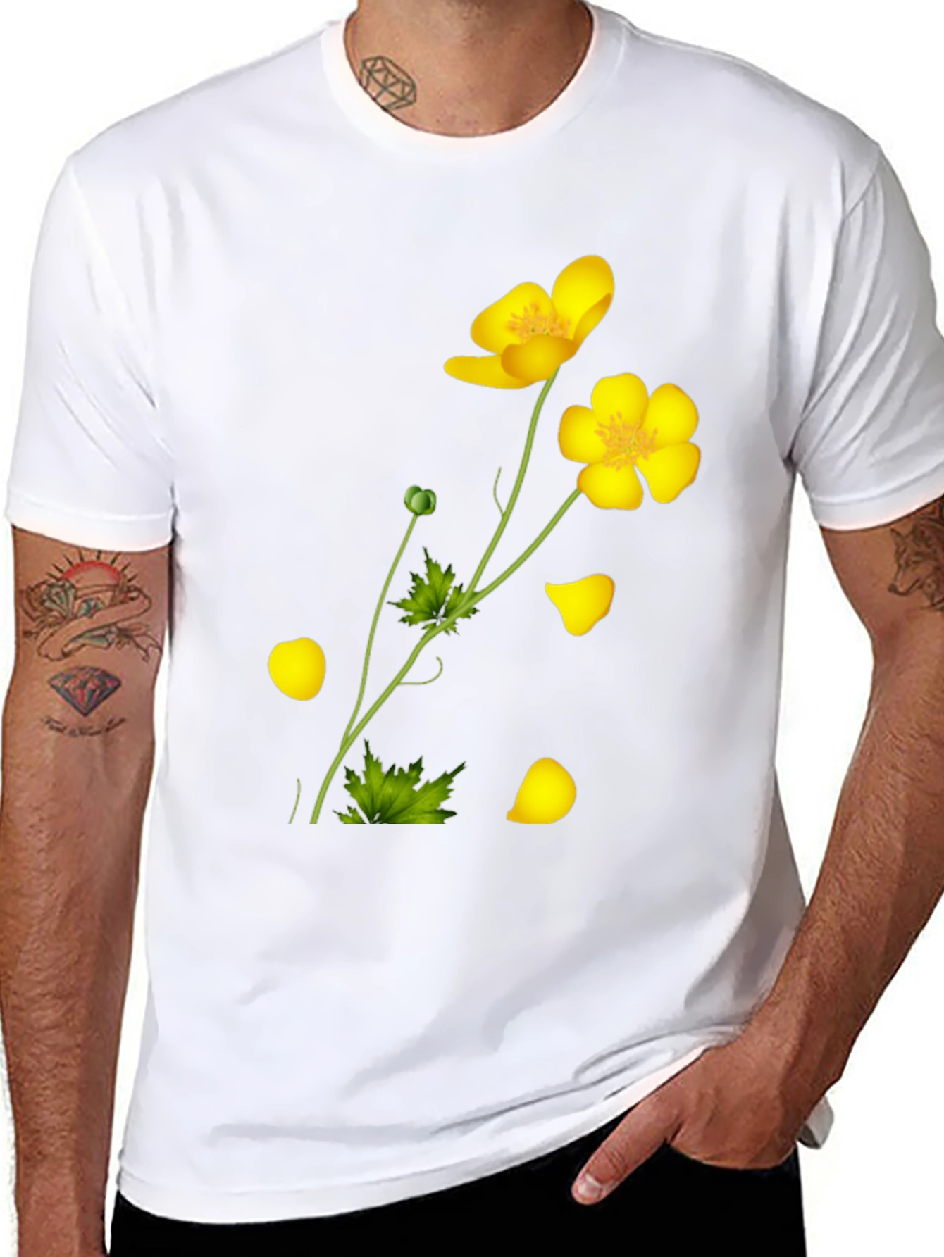 Black Tee with Yellow Floral Design