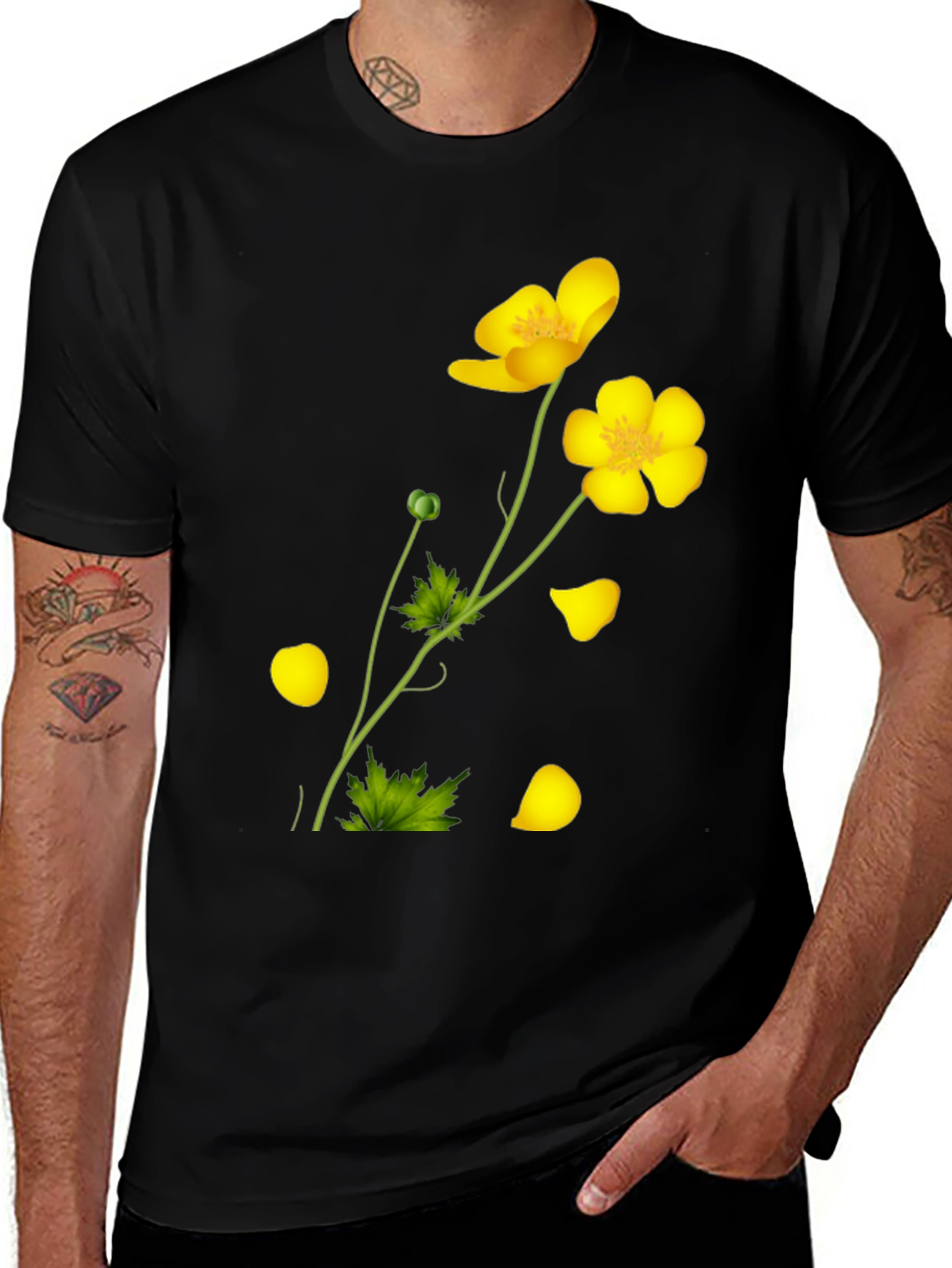 Black Tee with Yellow Floral Design