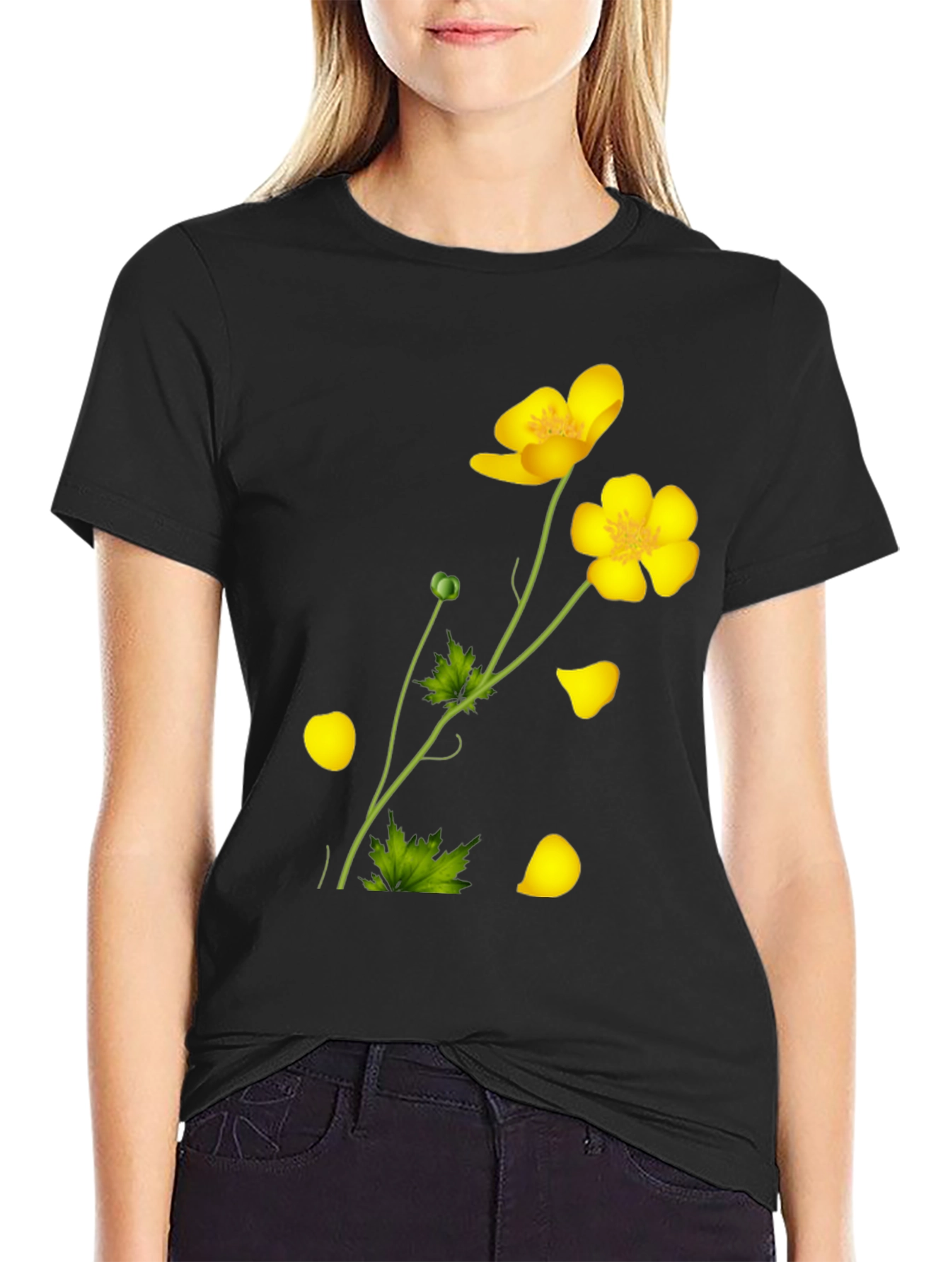 Black Tee with Yellow Floral Design
